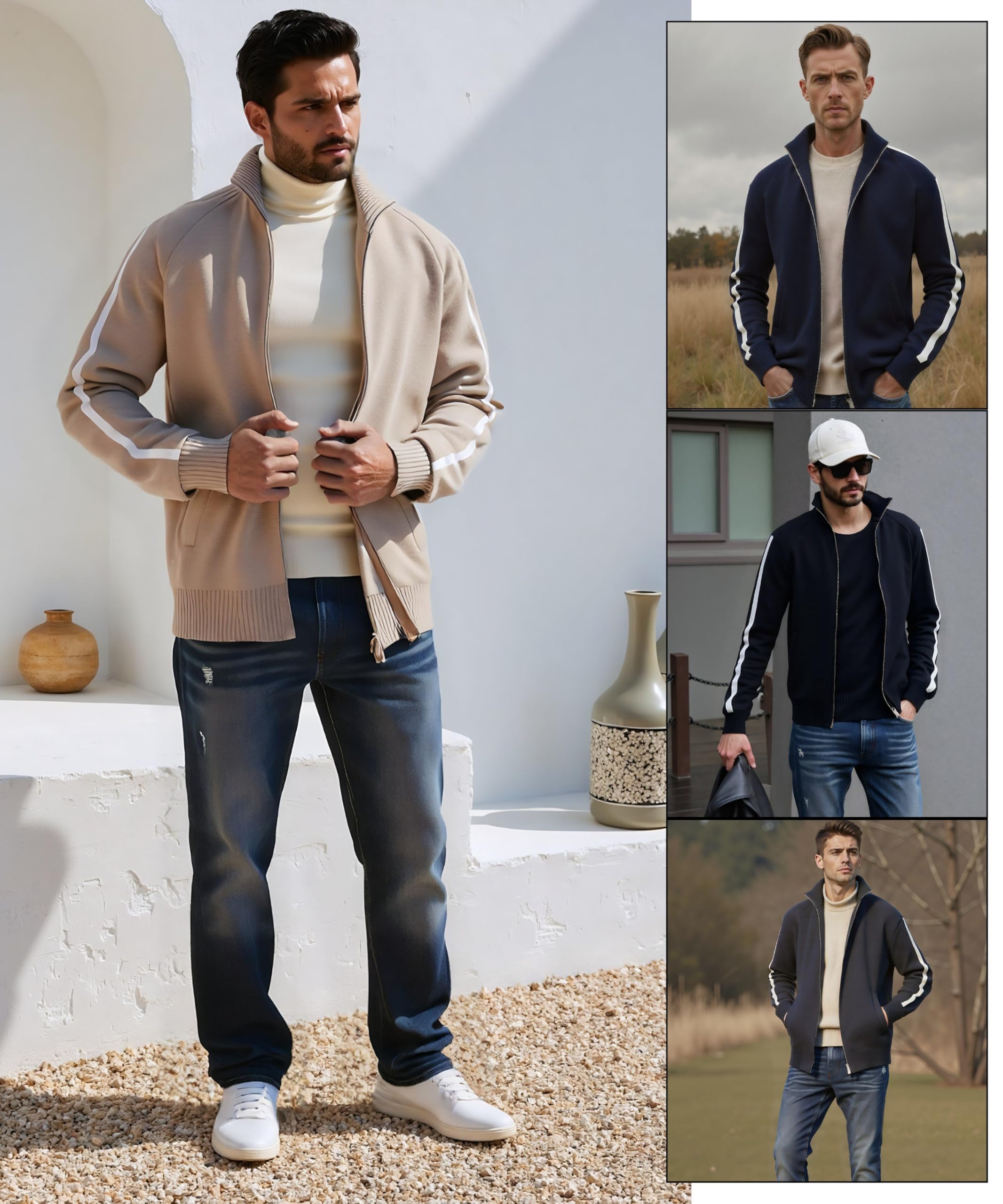 Homme Cardigan Hiver Tricoté Chaud Col Montant Sweater Couleur Unie Pull Manches Longues Décontractée Chandail Zippé Slim Veste avec Poche