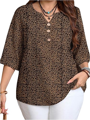 SHENHE Women's Plus Size Leopard Print 3/4 Sleeve Top V Neck Dressy Casual Going