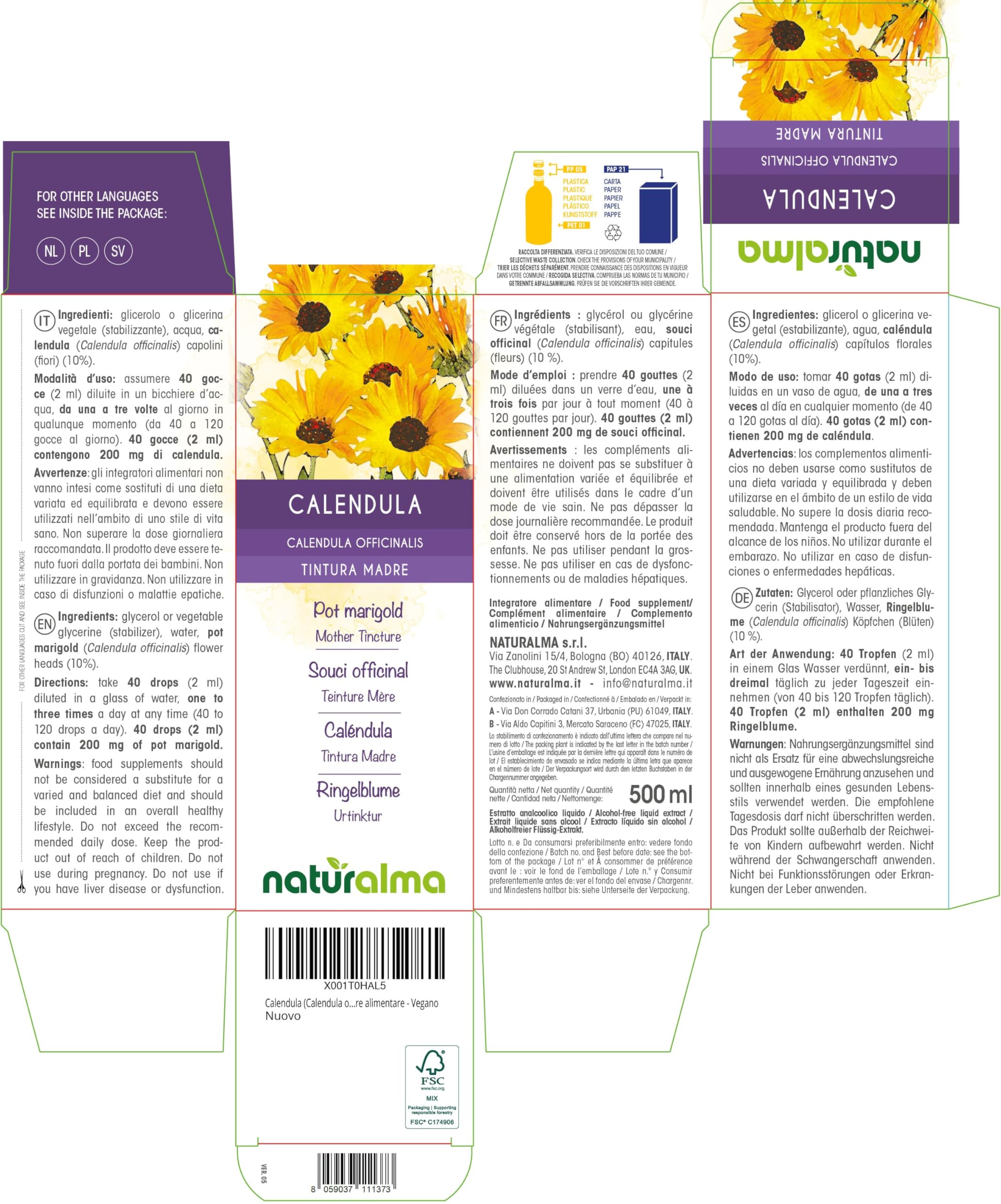 Caléndula (Calendula officinalis) capítulos florales Tintura Madre sin alcohol Naturalma - Extracto líquido gotas 500 ml - Complemento alimenticio - Vegano