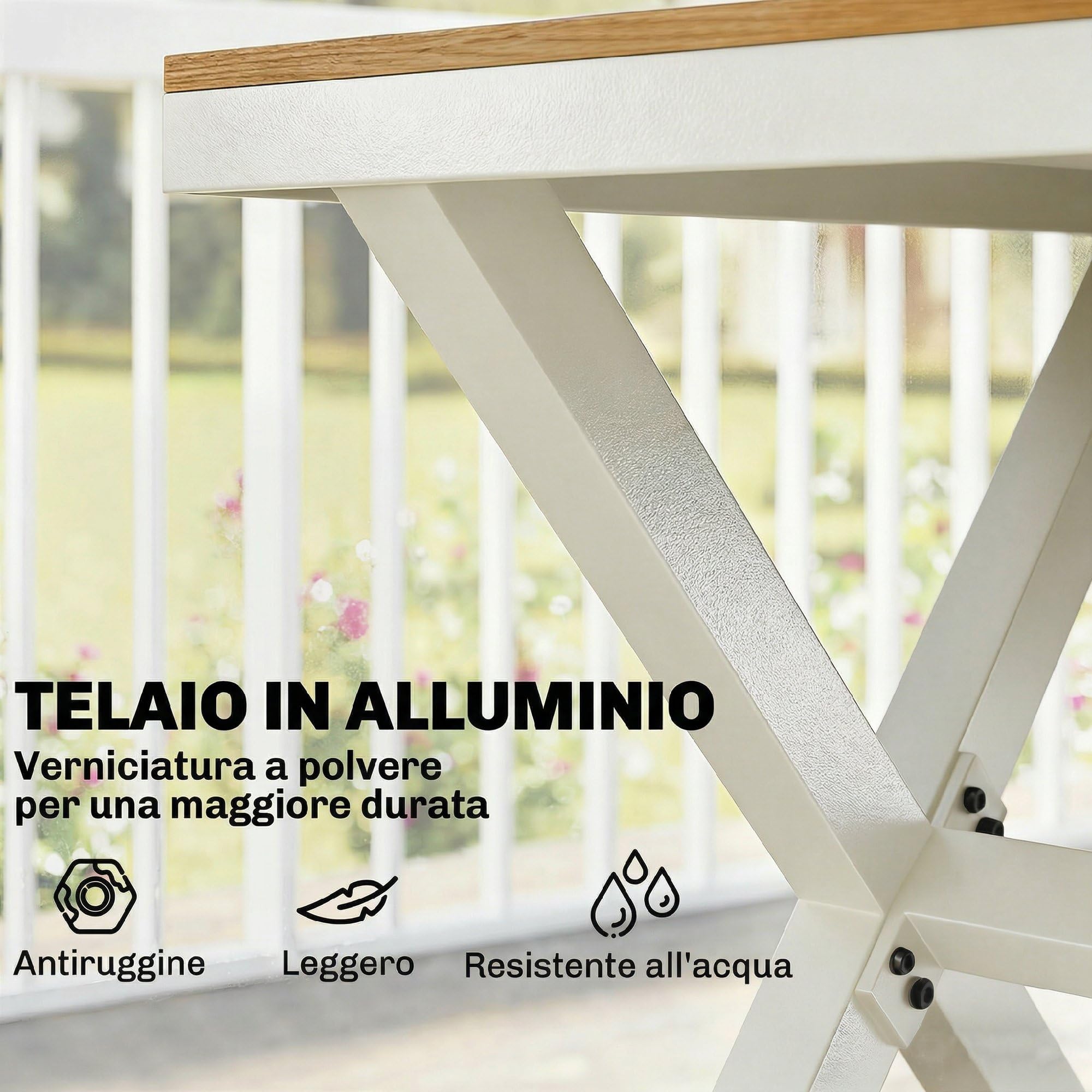 Outsunny Set Tavolo e Sedie da Giardino 7 Pezzi, Alluminio, 6 Sedie Impilabili, Tavolo Effetto Legno, Teak