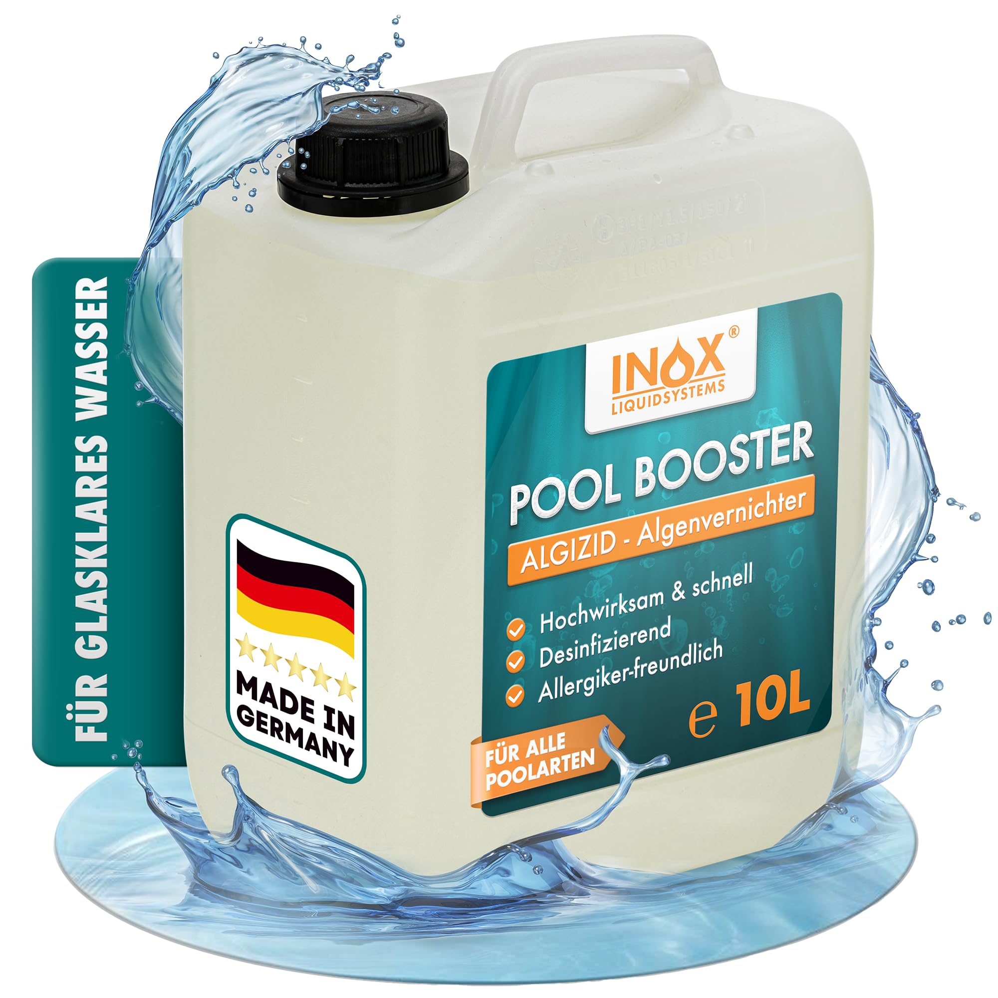 INOX® Algizid für Pool 10L – Flüssiger Algenvernichter mit Klareffekt | Hochwirksames Pool Reinigungsmittel gegen Algen, Bakterien & Keime