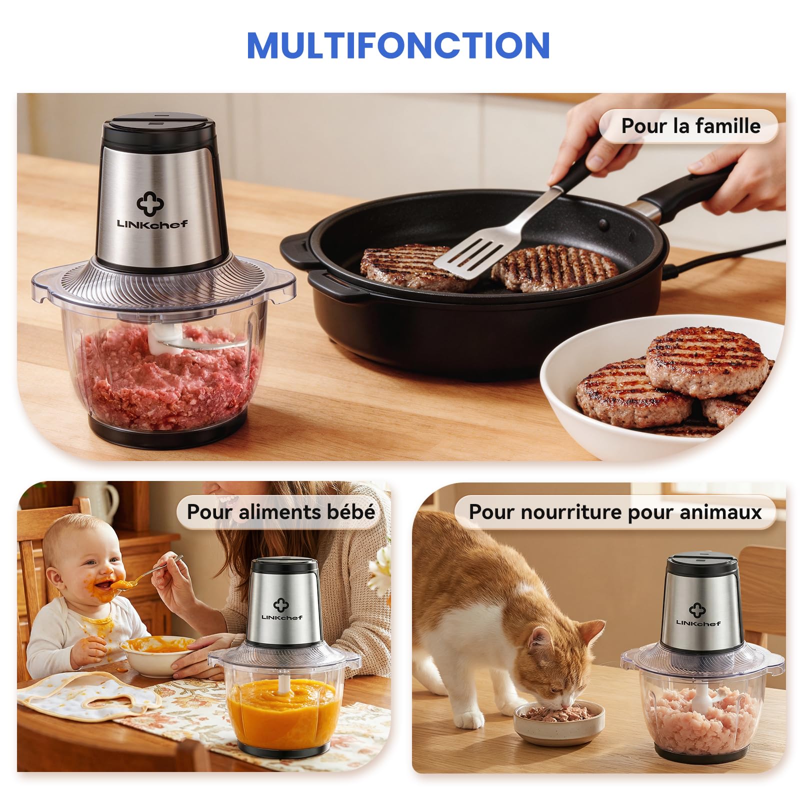 LINKChef Hachoir Électrique 1,5L Bol en Verre, 2 Vitesses, Lames en Acier Inox à 3 Niveaux – Mini Robot de Cuisine pour Viande, Légumes, Noix & Aliments Bébé