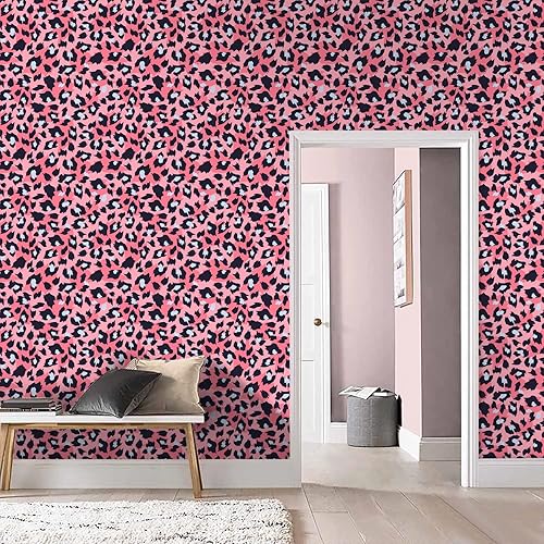 Miniatura 8 de Ismoon Papel tapiz único rosa para despegar y pegar de 161 x 118 pulgadas papel tapiz colorido de leopardo papel de contacto rosa moderno papel de