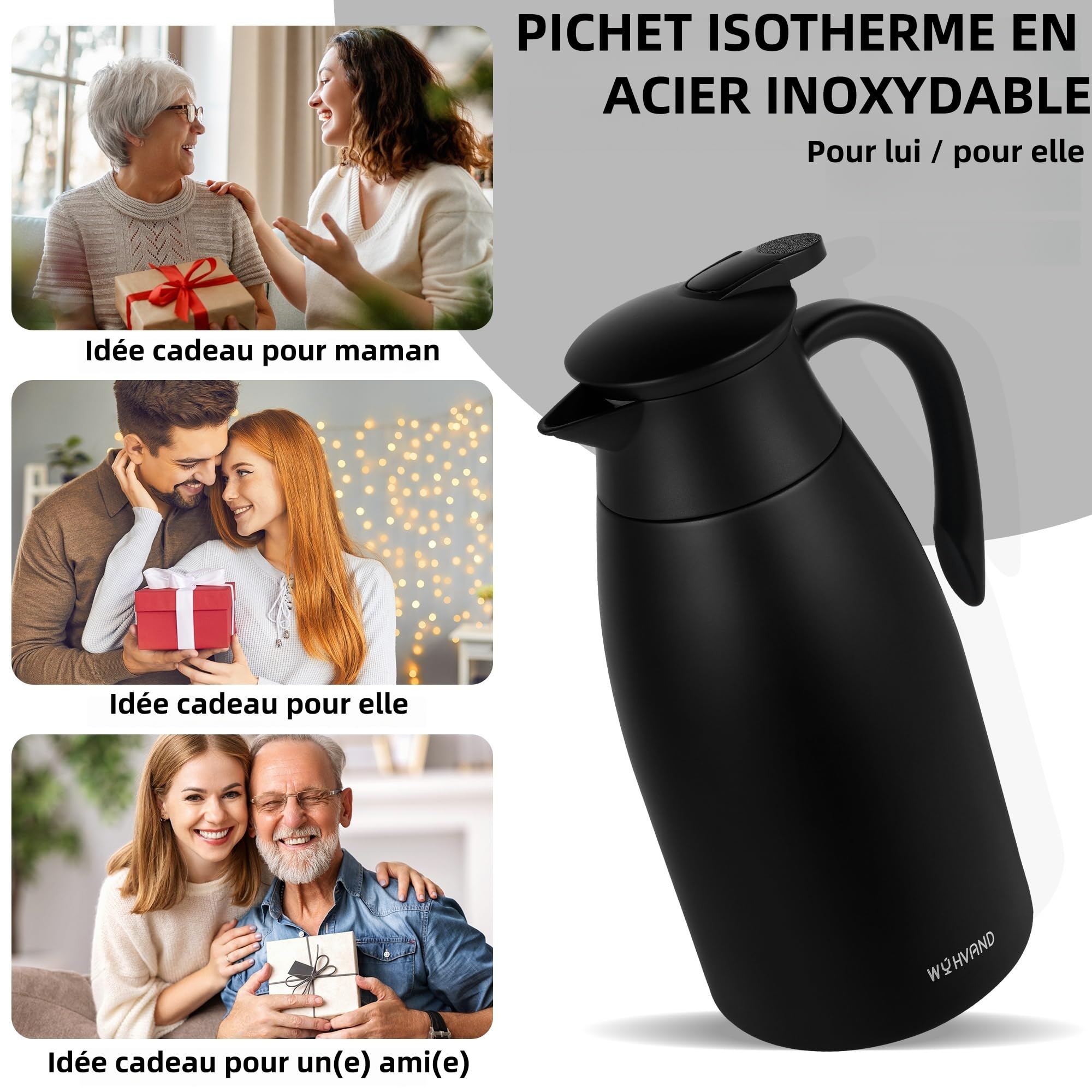 Carafe Isotherme 2L, Pichet à Café en Acier Inoxydable 304, Garde le Chaud et le Froid, Étanche, Versement à Une Main, Maison, Bureau et Hôtel, Noir