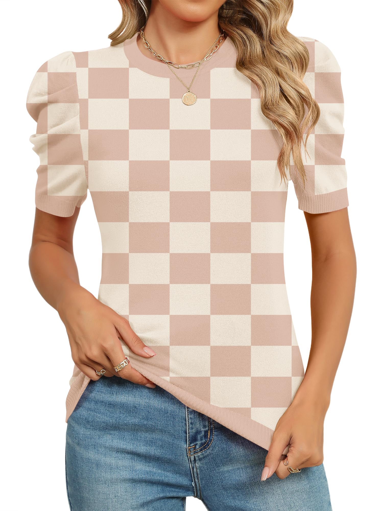 AKEWEI Puff Short Sleeve Sweater for Women Tops Trendy Spring Summer 2025 Business Casual Outfits Knit Crewneck Shirt Blouses