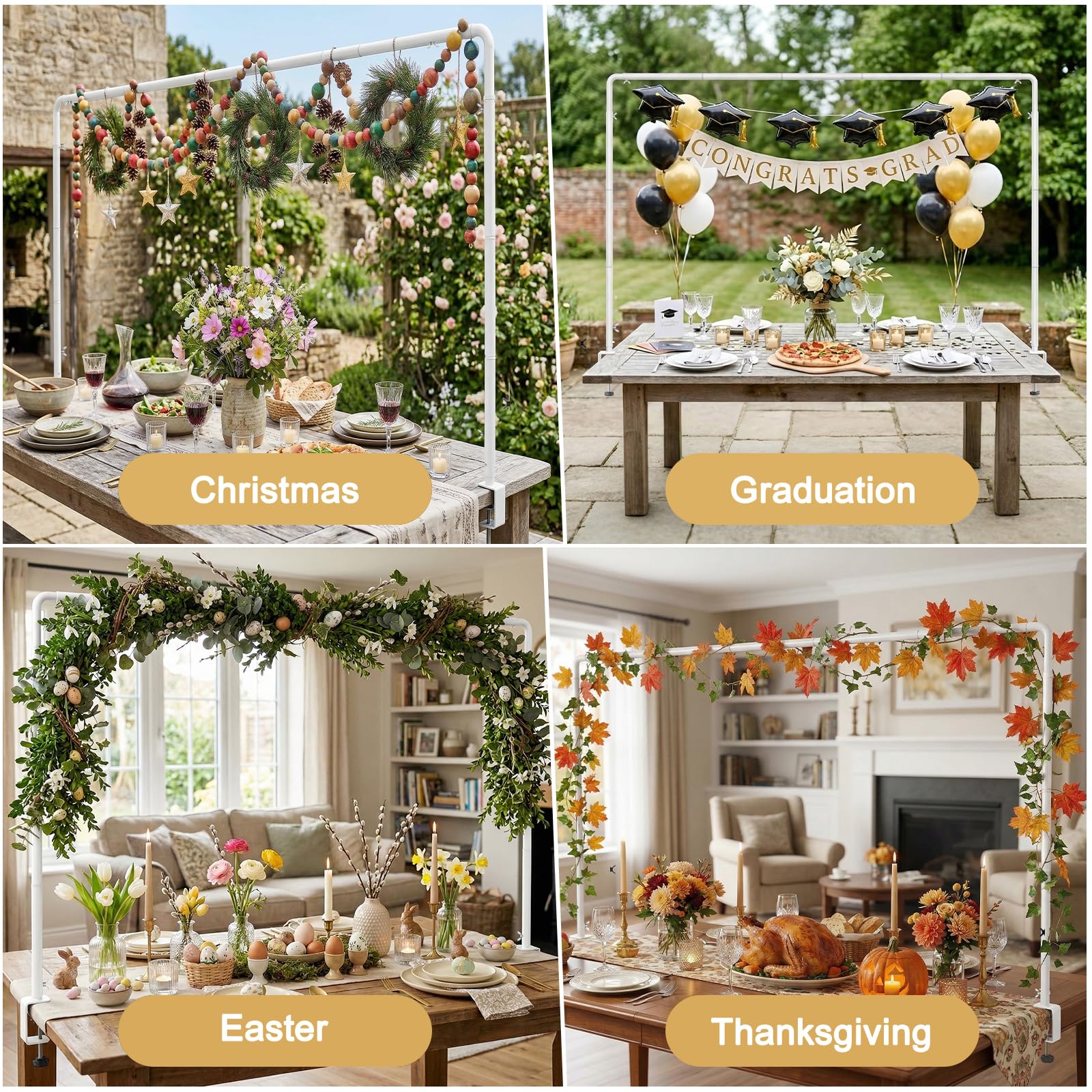 Lewondr Soporte Ajustable sobre la Mesa con Abrazaderas, Altura 87-127-167 CM, Longitud 88-287 CM, Soporte Arco de Globos de Mesa para Bodas y Cumpleaños, Blanca Decoración Colgante para Mesa