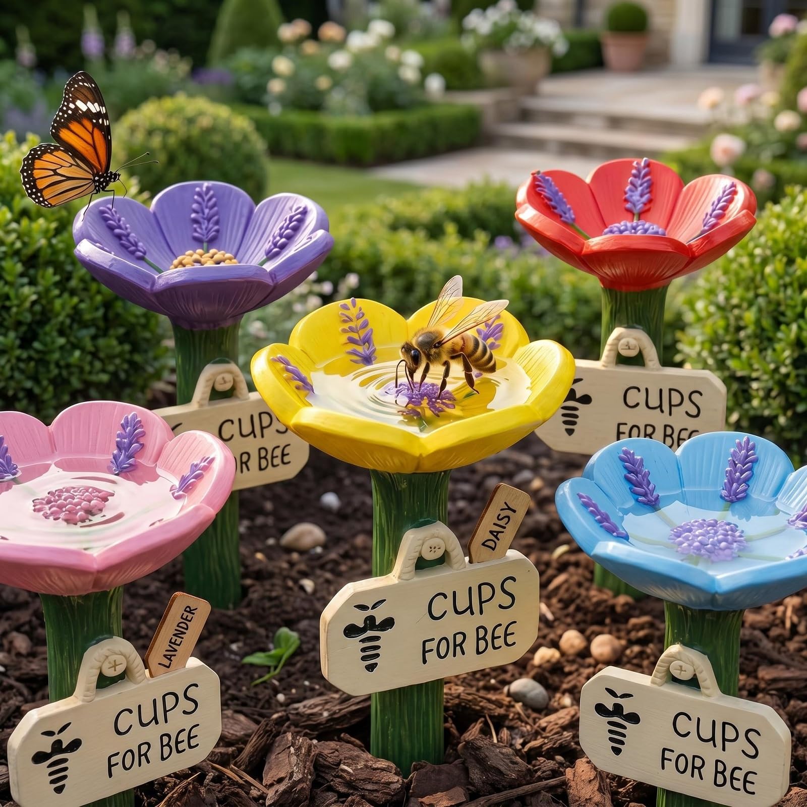 5Pcs Bee Watering Station for Garden Flower Shaped Bee Drinkers with Stake Base Colourful Cups for Bees Safe Shallow Water Butterfly Drinking Cup Pollinator Water Feeder for Yard Balcony(Multicolour)