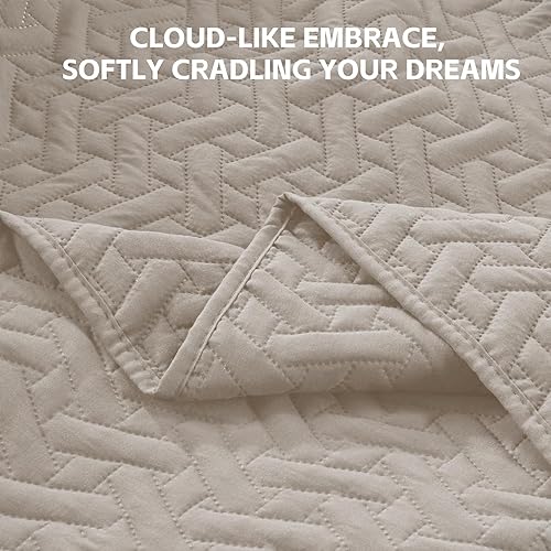 Miniatura 4 de YSTHER Juego de edredón beige tamaño Queen, colchas y colchas, juego de tres piezas de colcha con estampado ultrasónico, fundas de cama usadas para