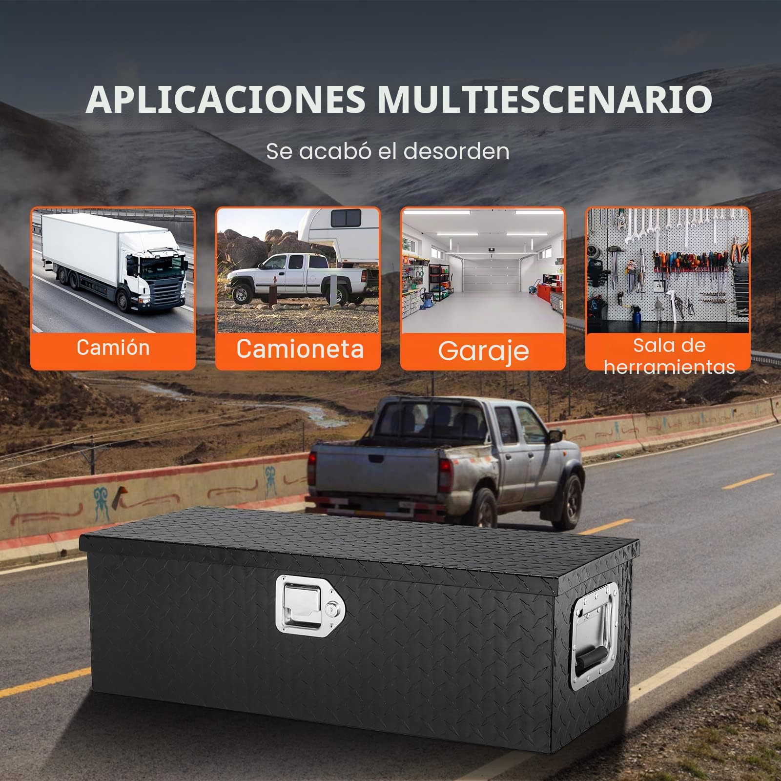 VEVOR Caja de herramientas de aluminio para camión, 76,2 x 33 x 24,4 cm caja volcadora con cerradura con llaves y asas laterales para almacenamiento de contenedores de basura de coche, caravana, Negro