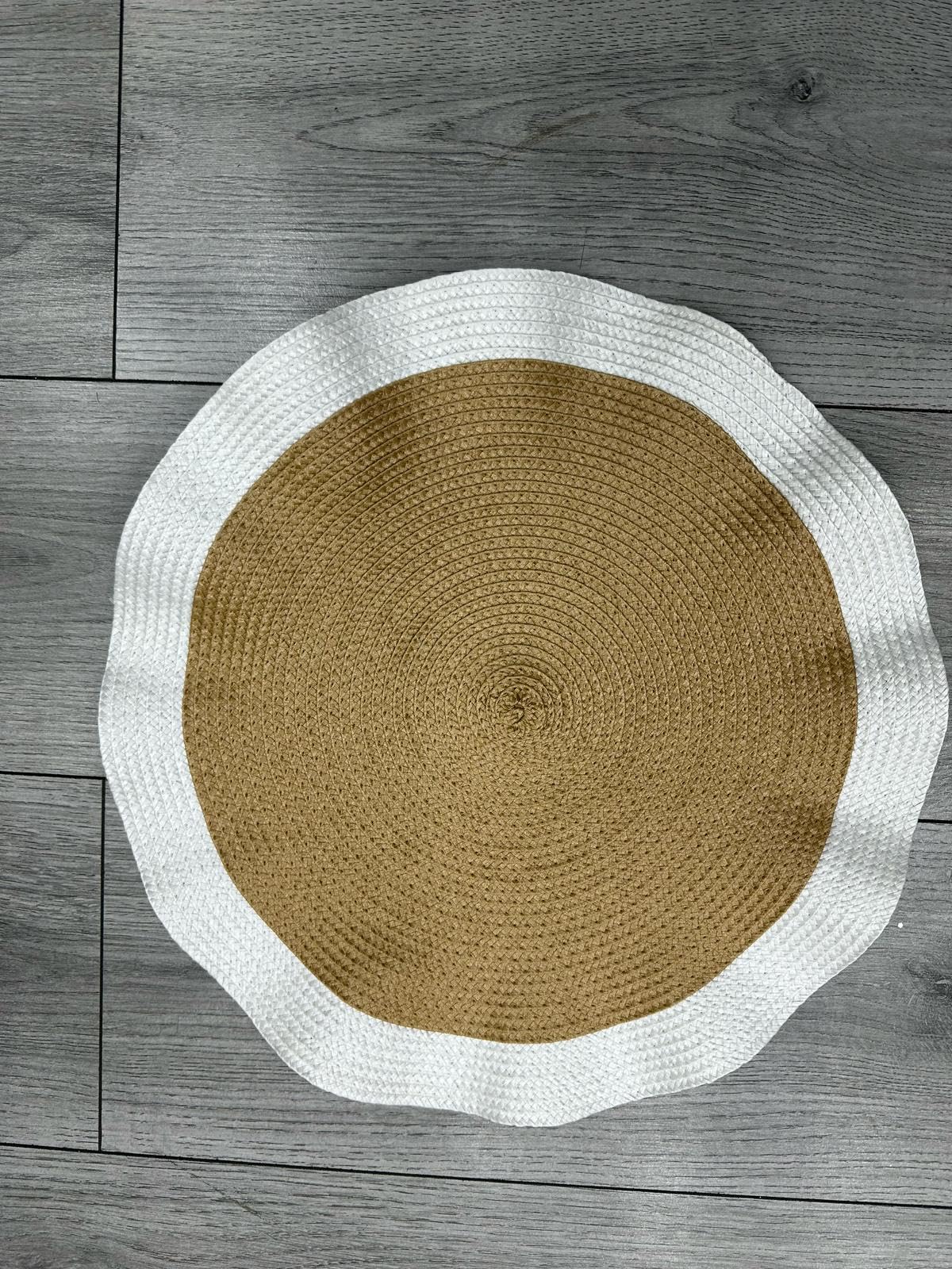Biznest Set of 6 Round Wavy Rattan Placemat 38 cm, Durable & Stylish Table Mats for Home Dining & Décor (White-Brown)