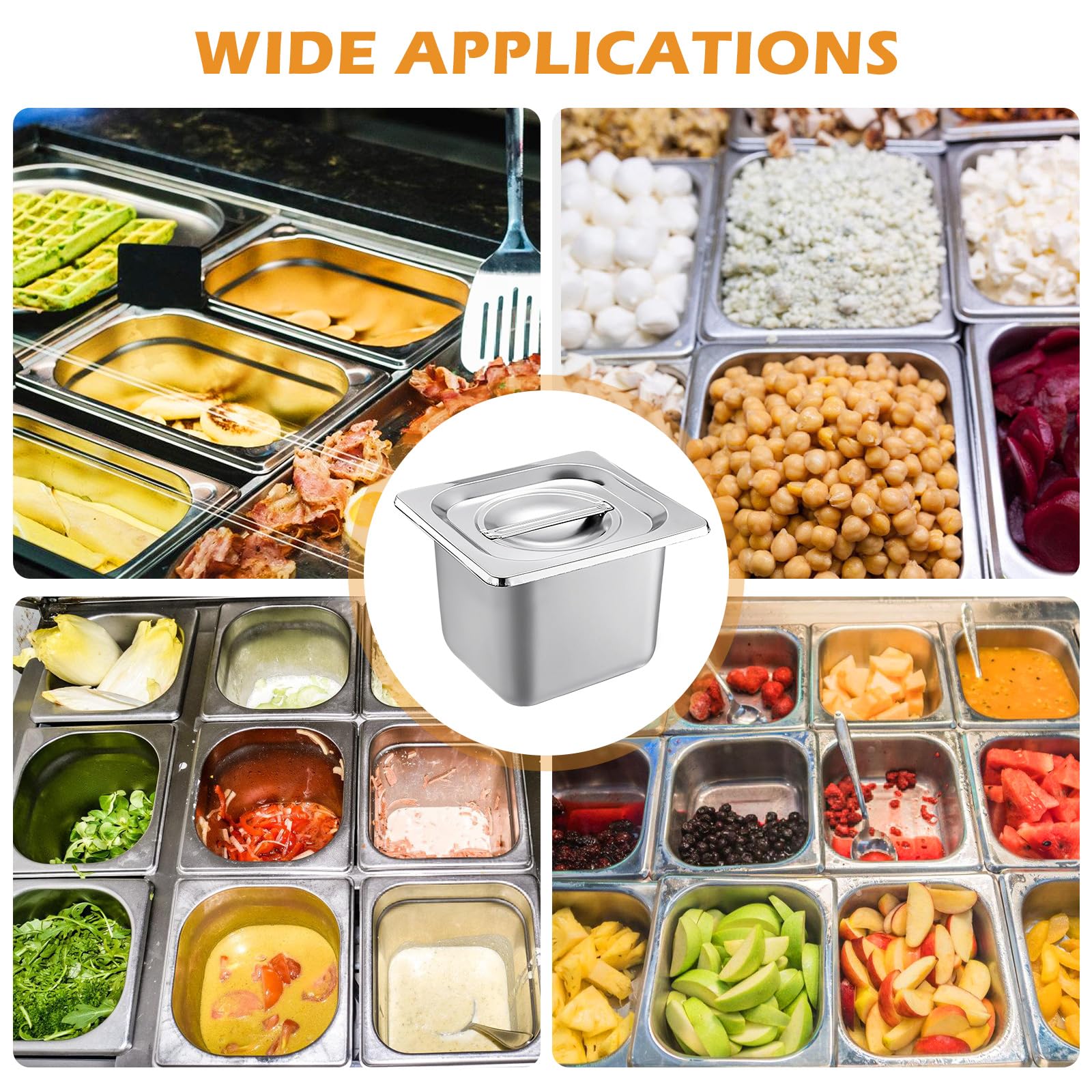 Juego de 3 recipientes GN 1/6 – Recipiente de acero inoxidable con tapa – Resistente al calor, apto para alimentos e ideal para cocina, buffet y catering