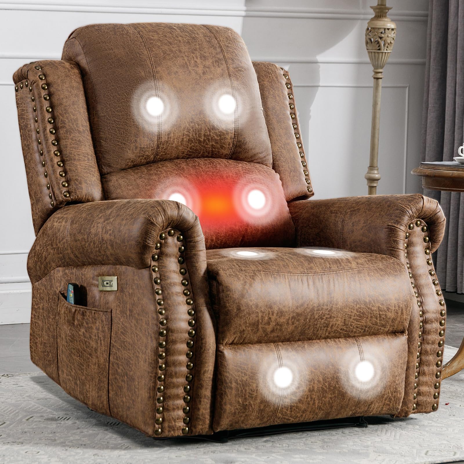 HAOMARKETS Classic Power Recliner Chair with Massage and Heat, Breathable Faux Leather Electric Recliner with USB Port, Overstuffed Reclining Sofa