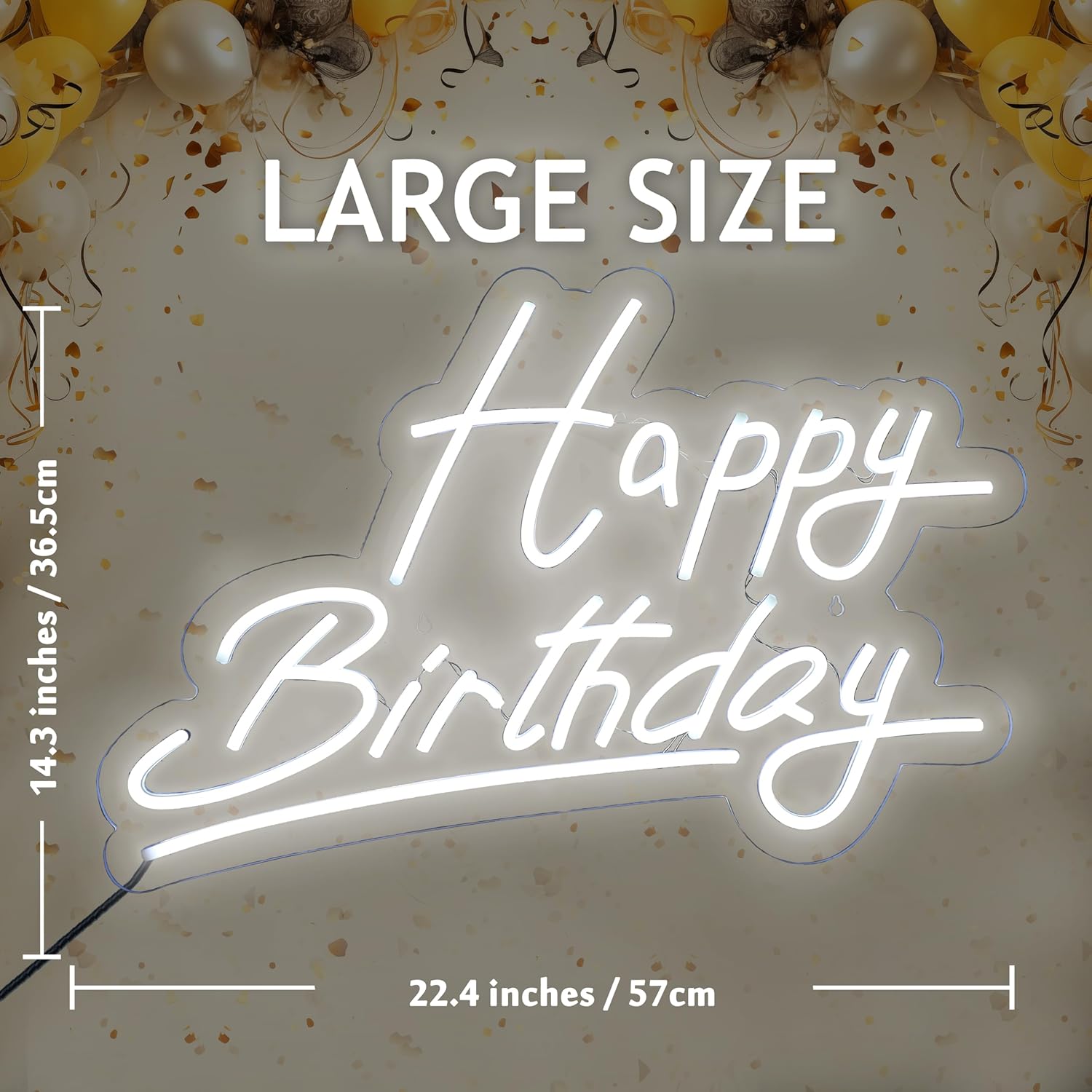 Large White Happy Birthday Neon Sign, 12V Birthday Neon Signs for Wall Decor, Happy Birthday LED Sign for Birthday Party Decoration(22.4 x 14.3 inches)