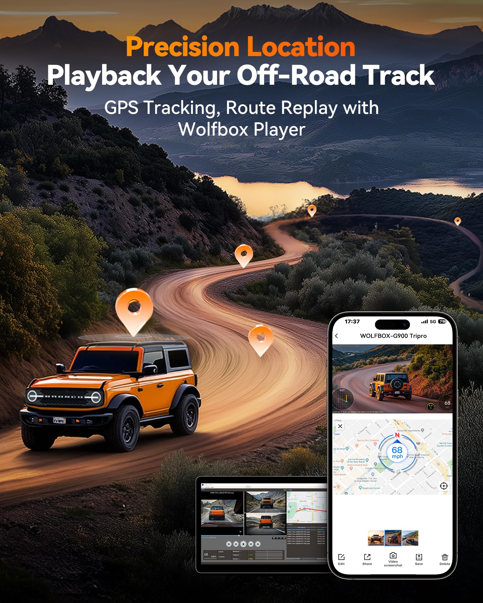 WOLFBOX G900 Tripro Bumper Version 3 Channel 4K Mirror Dash Cam, STARVIS 2 IMX678 Night Vision, 4K+2.5K+1080P Front and Rear Bumper Dash Cam, 5.8GHz WiFi, Voice Control, Includes 256GB Card & GPS