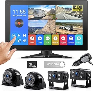 4K RV Backup Camera System 10.1" Quad Split Touch Screen Monitor 4 1080P HD Rear View Cameras DVR Recording Bluetooth Music USB Video Play IP69 Waterproof Night Vision for Trailer RV Truck etc.