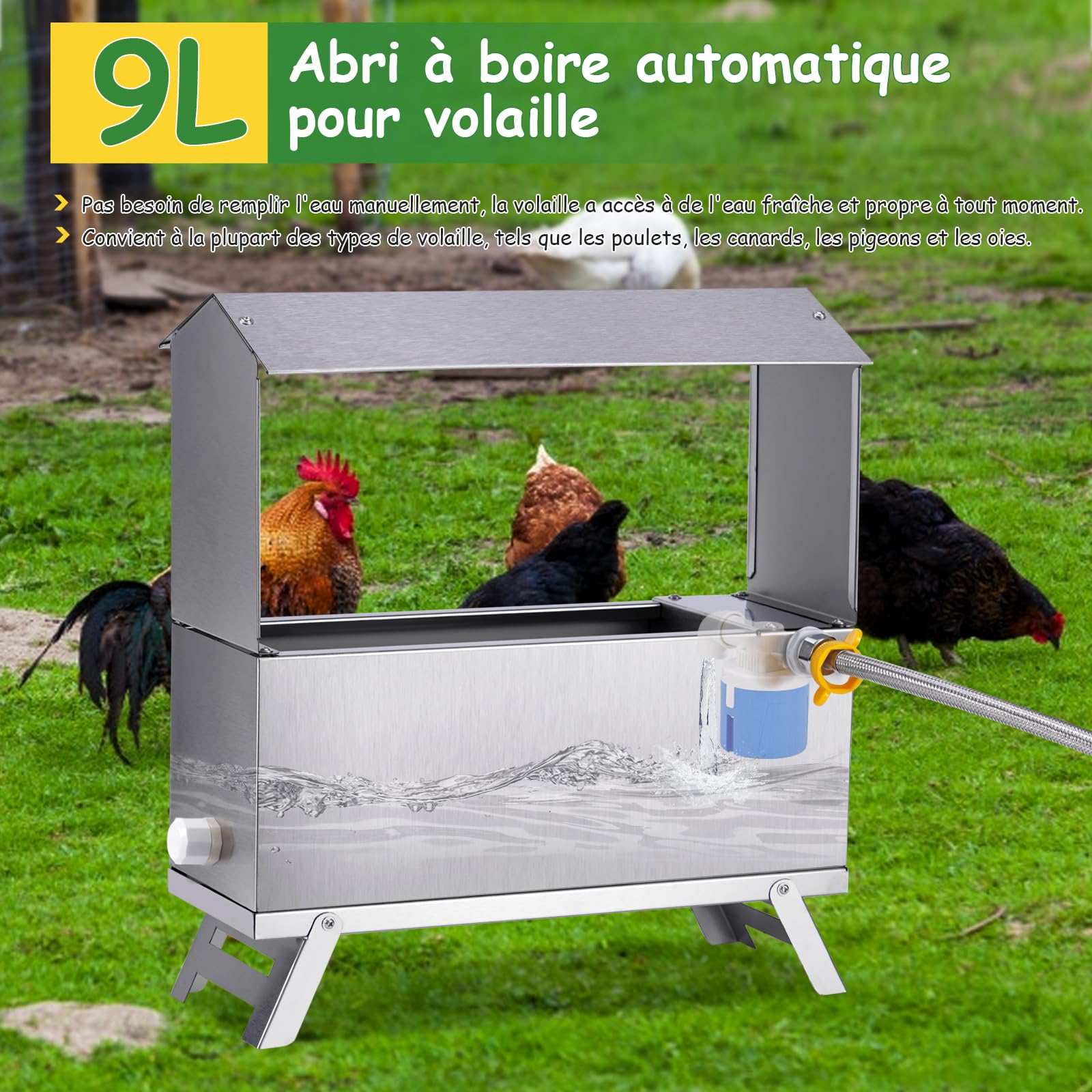 Poulet Waterer Automatique en Aciers Inoxydables Poulet Waterer Automatique Poulet Waterer Distributeur Automatique avec Vanne Flottante Et Jambe Eau De Poulet en MéTal pour Canard, Pigeon (8 litres)