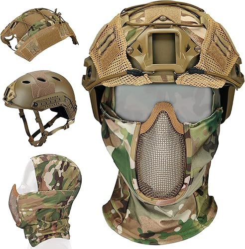 Guayma Airsoft Fast Helmet with Cover Half Mesh Mask Headgear PJ Type Tactical Multifunctional Protective NVG Mount for Paintball Multicam Military