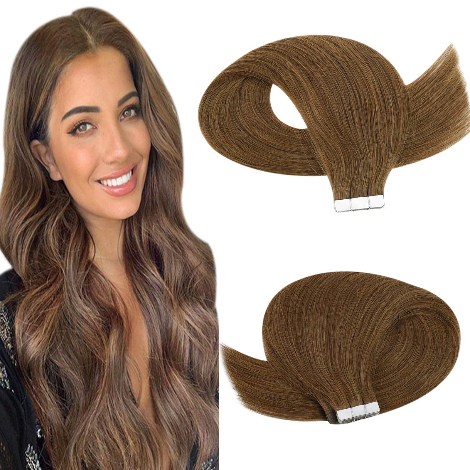 JoYoung 18inch Remy Tape in Extensions Medium Brown #6 Silk Straight Human Hair 10pcs Tape 100% Real Human Hair Extensions 10pcs/25gram
