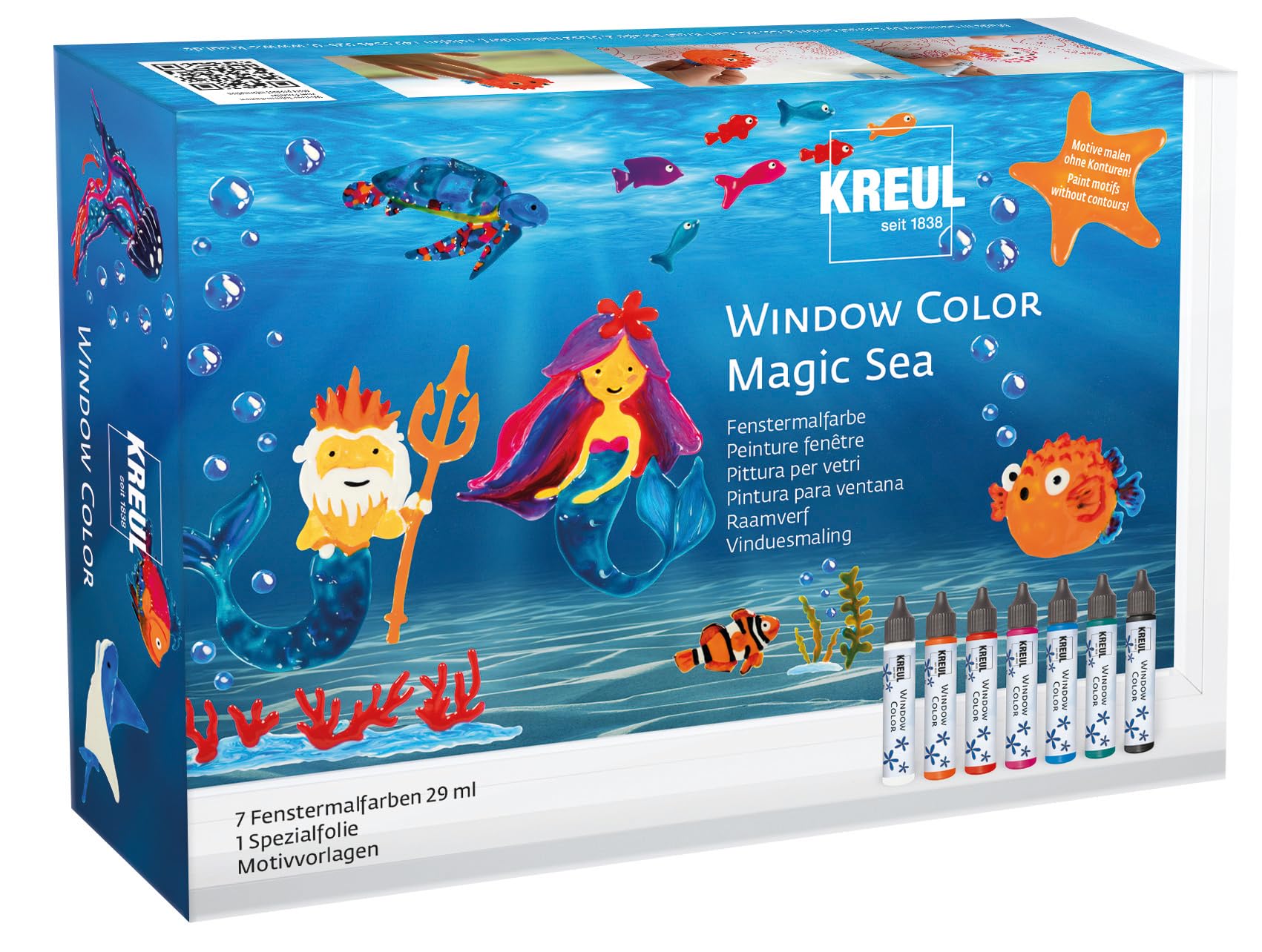 KREUL 42940 - Window Color Set Magic Sea für Kinder, 7 x 29 ml Fenstermalfarben, Komplettset mit brillanten Farben im Pen und Motivvorlagen