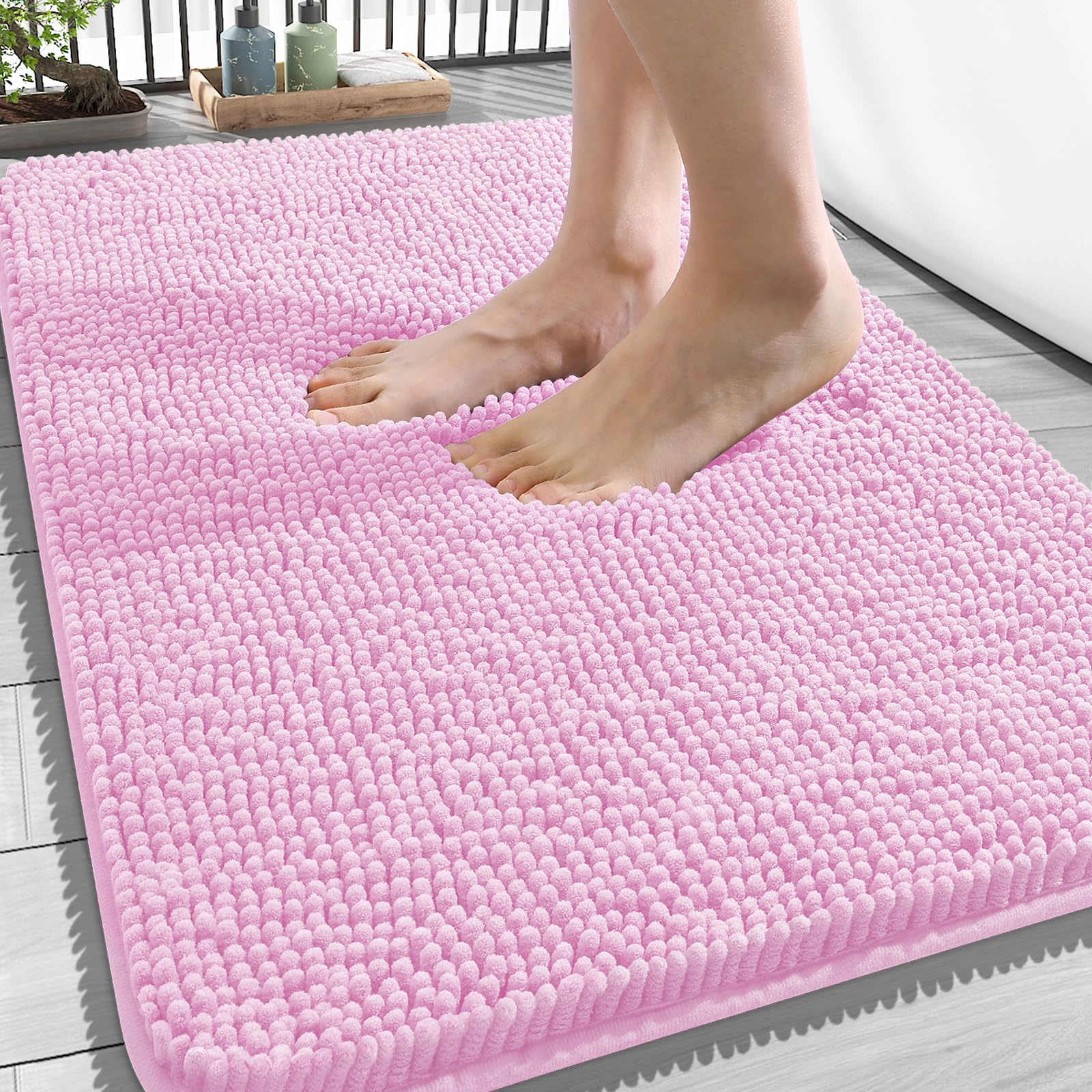 OLANLY Bathroom Rugs 34x21, Extra Soft Absorbent Chenille Bath Rugs | Pink, Quick-Drying Rubber Backing, Machine Washable Bath Mat for Bathroom Floor, Tub and Shower, Home Decor Accessories