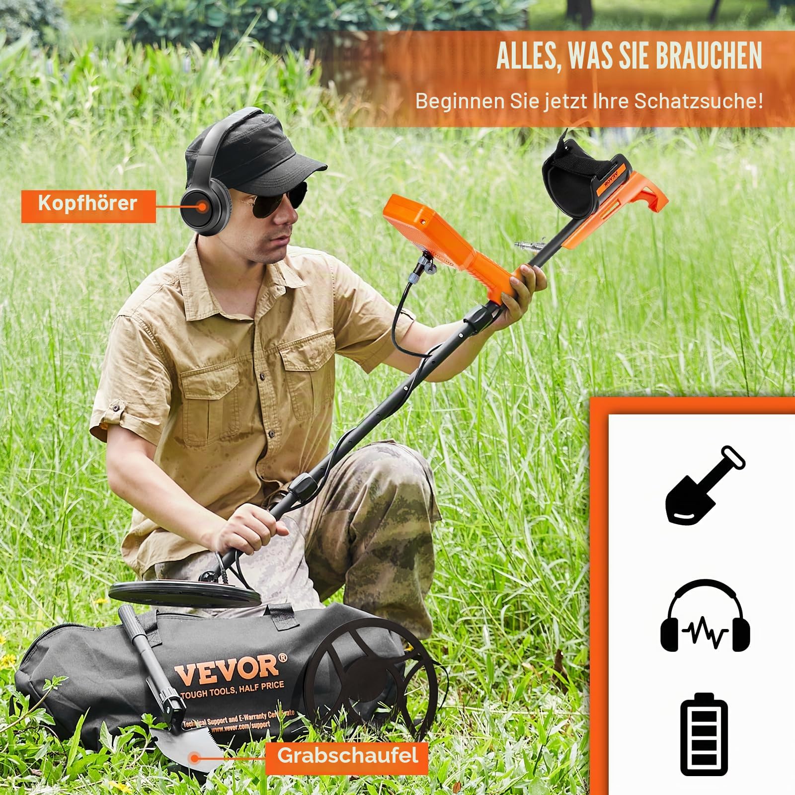 VEVOR Metalldetektor Profi, Metal Detector mit 30 cm Suchspule, 7 Mode, IP68 Tauchtiefe bis zu 3 m Goldsucher mit Verstellbarem Griff Golddetektor inkl. Bluetooth-Headset Präzisions-Ortungsgerät