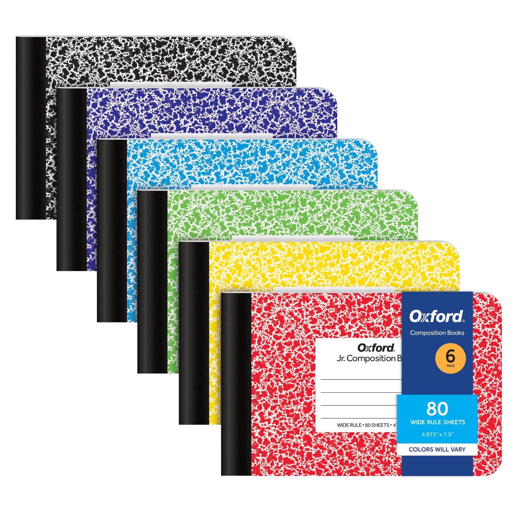 Oxford Composition Mini Notebooks, 6 Pack, Cover Colors Vary, Wide Ruled Paper, 4-7/8 x 7-1/2 Inch School Journals, Assorted Color Covers, 80 Sheets per Book (63779)