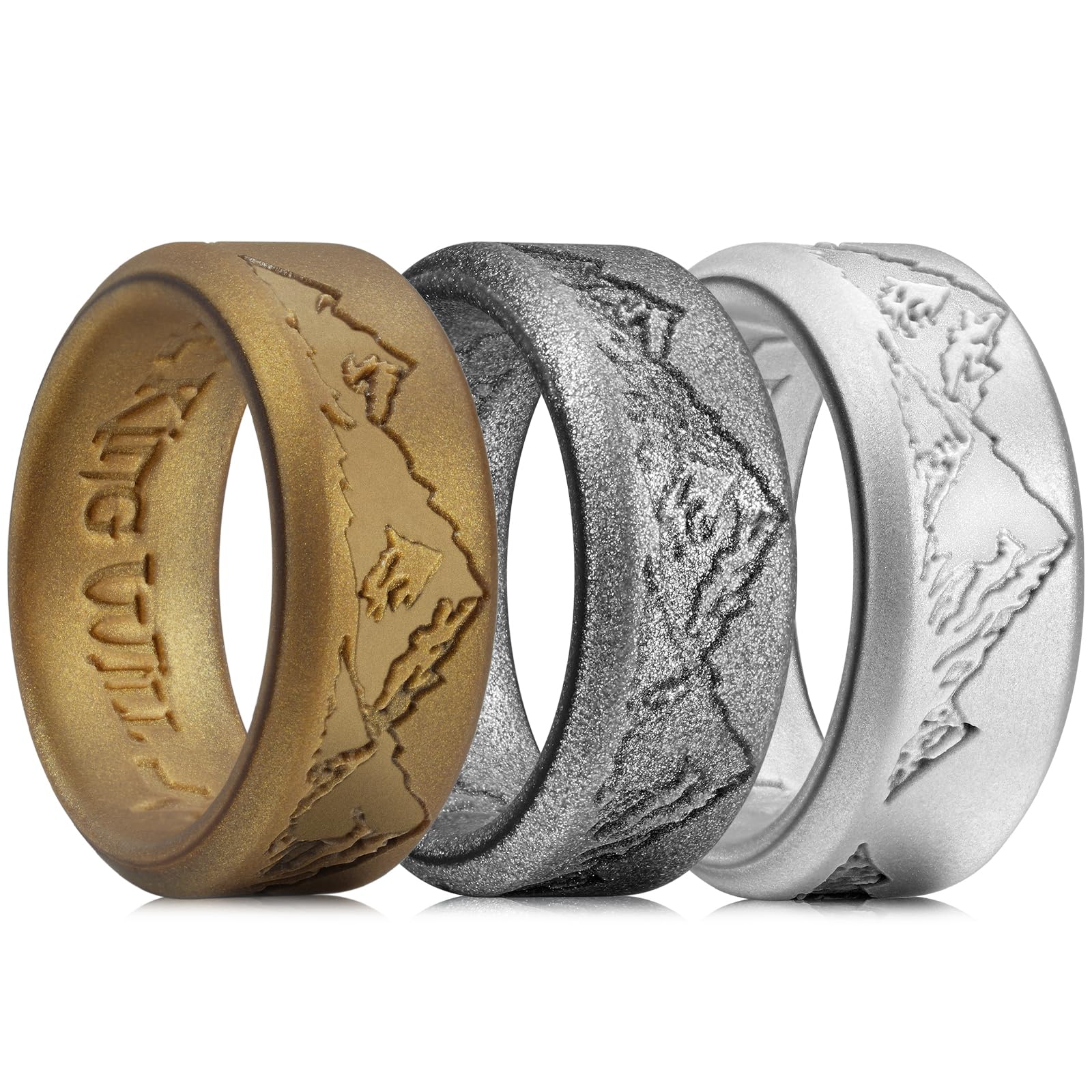 King Will Silicone Rings For Men, Black & Olive Green & Brown & Metallic copper & Metallic silver Rubber Wedding Bands with Unique Mountain Peak Design, 8mm Wide 2.2mm Thick, Comfort Fit Size 7-13