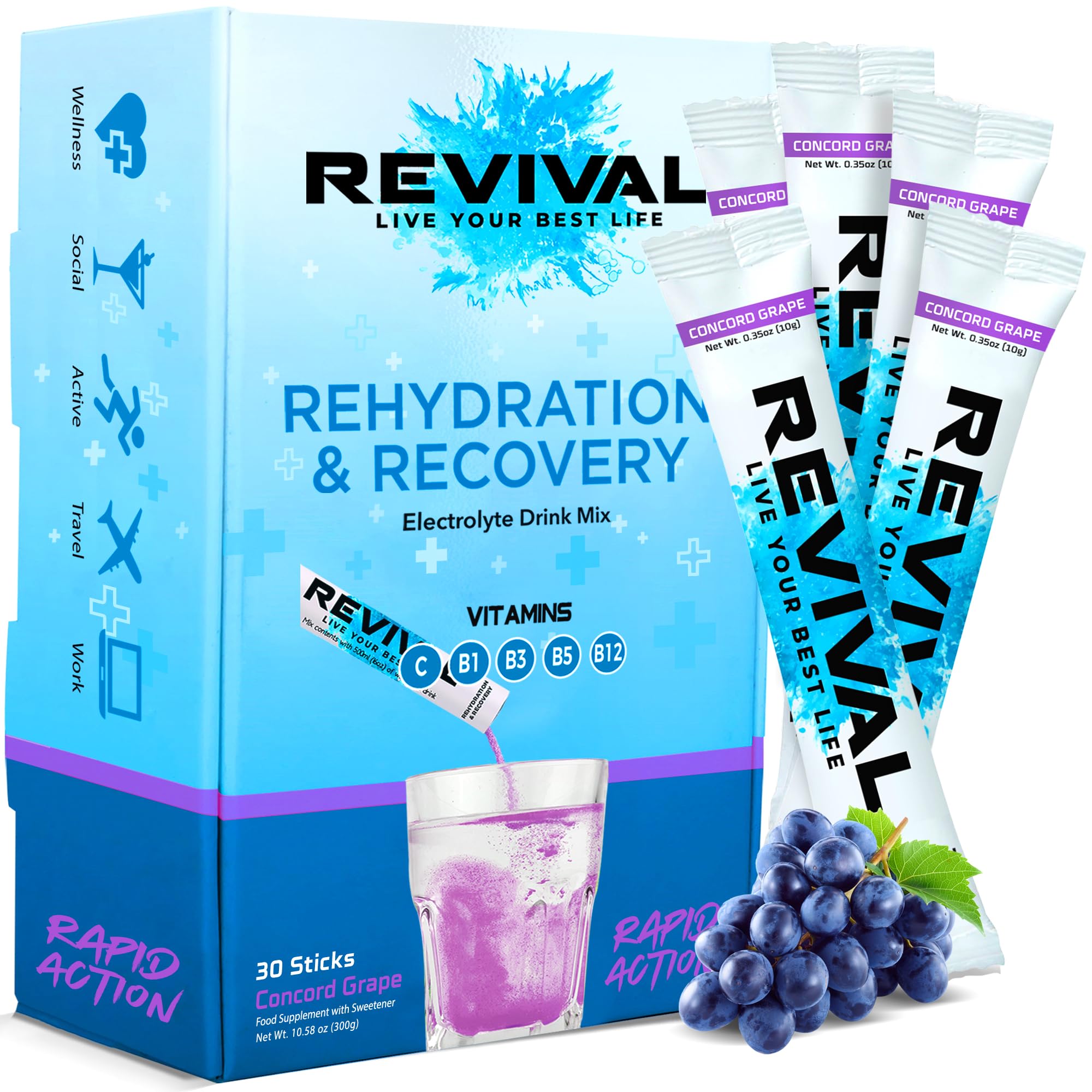 Revival Rapid Rehydration Electrolytes Powder - High Strength Vitamin C, B1, B3, B5, B12 Supplement Sachet Drink, Effervescent Electrolyte Hydration Tablets - 30 Pack Concord Grape