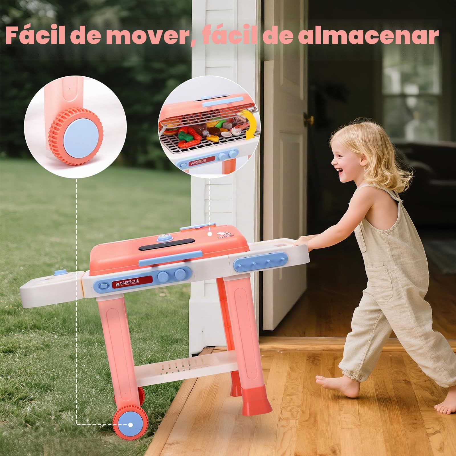 CUTE STONE Barbacoa de Juguete para niños con Comida Que Cambia de Color, Vapor, Sonidos y Luces – Juego de Cocina al Aire Libre con sartén, con Ruedas para fácil Transporte