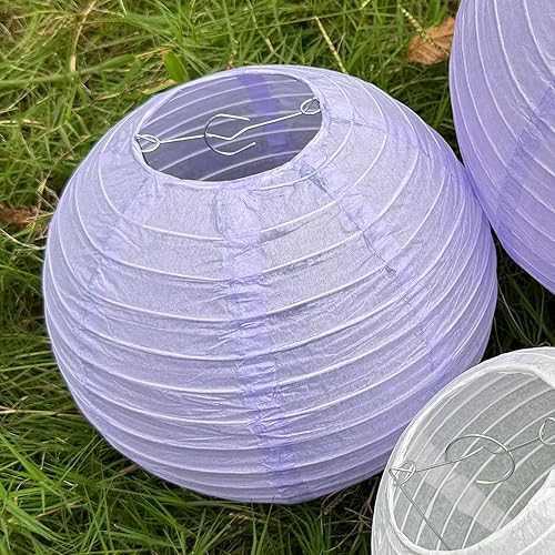 Miniatura 5 de 6 linternas de papel moradas, faroles de papel chinosjaponeses de 8 pulgadas con ganchos y cuerda, linternas de papel redondas colgantes para