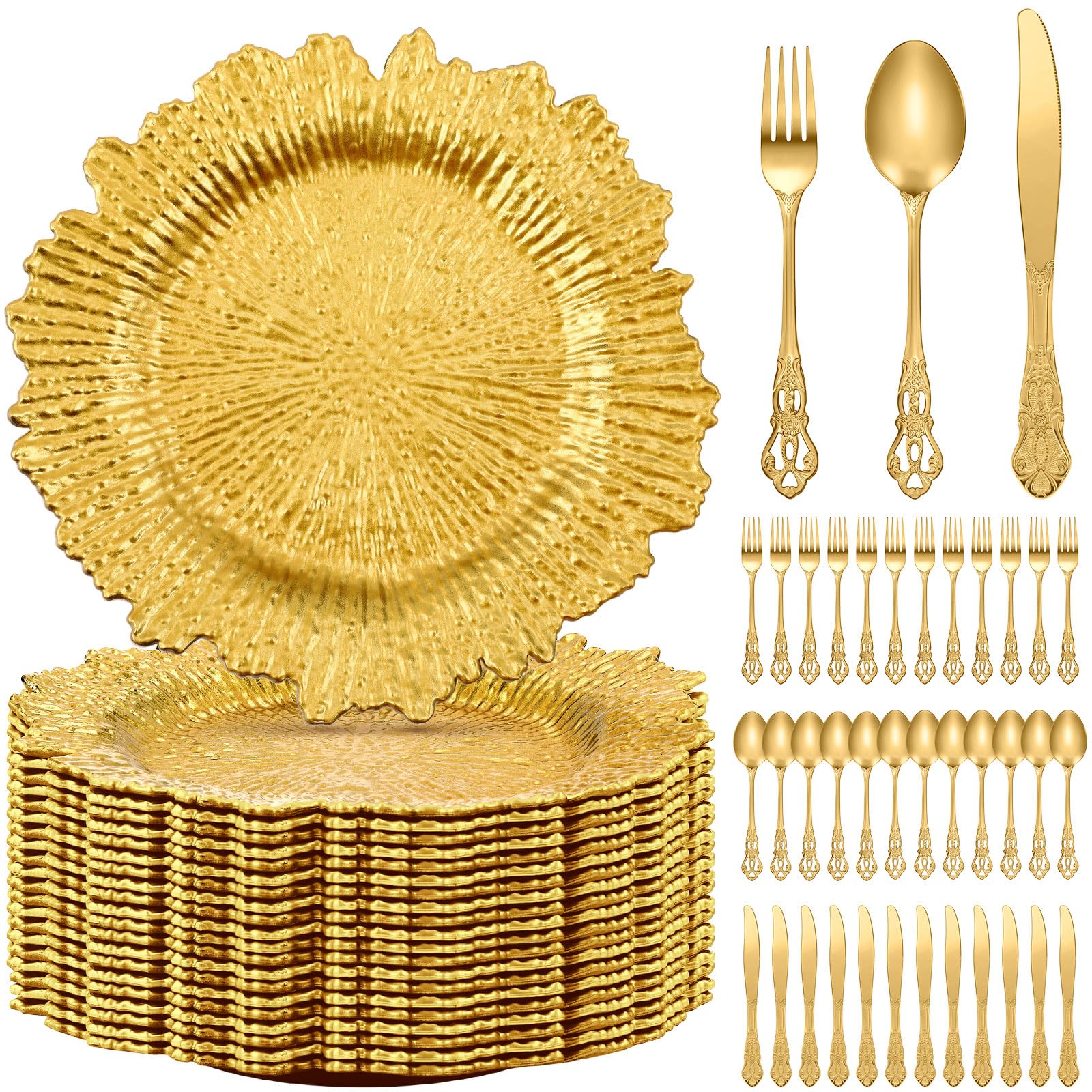 Dandat 96 Pcs 13 Inch Reef Charger Plates Bulk with Stainless Steel Silverware Set 24 Gold Flower Charger with Flatware Utensils 24 Spoons, 24 Forks, 24 Knives for Dinner Wedding Party Table Setting