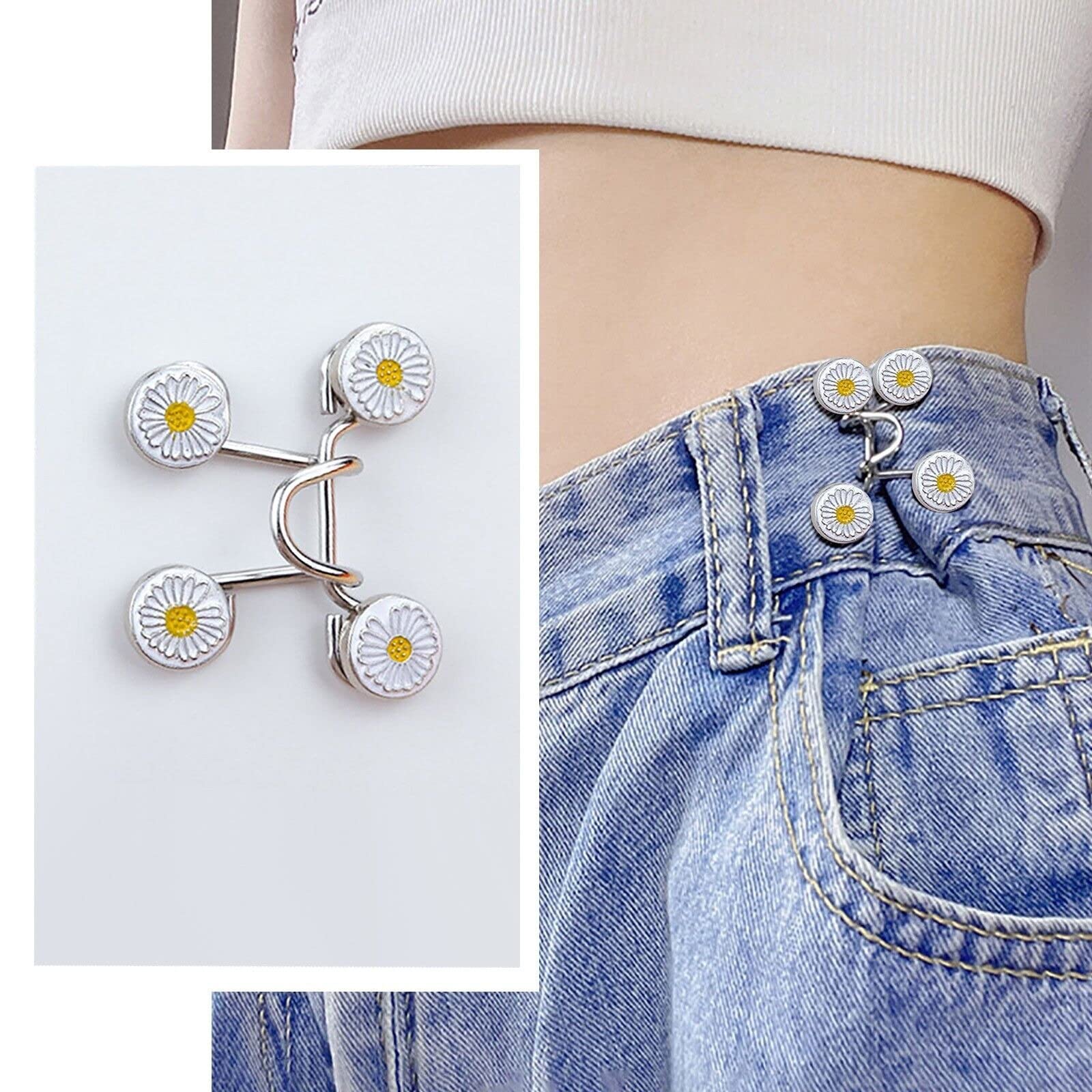 HEAVY DRIVER® 4pcs Pant Waist Tightener, Adjustable Waist Buckle Set, Extra Button for Jeans to Make Tighter, Instant Jeans Button Pins for Pants Jeans Skirts, No Sewing Required (Daisy Flower)
