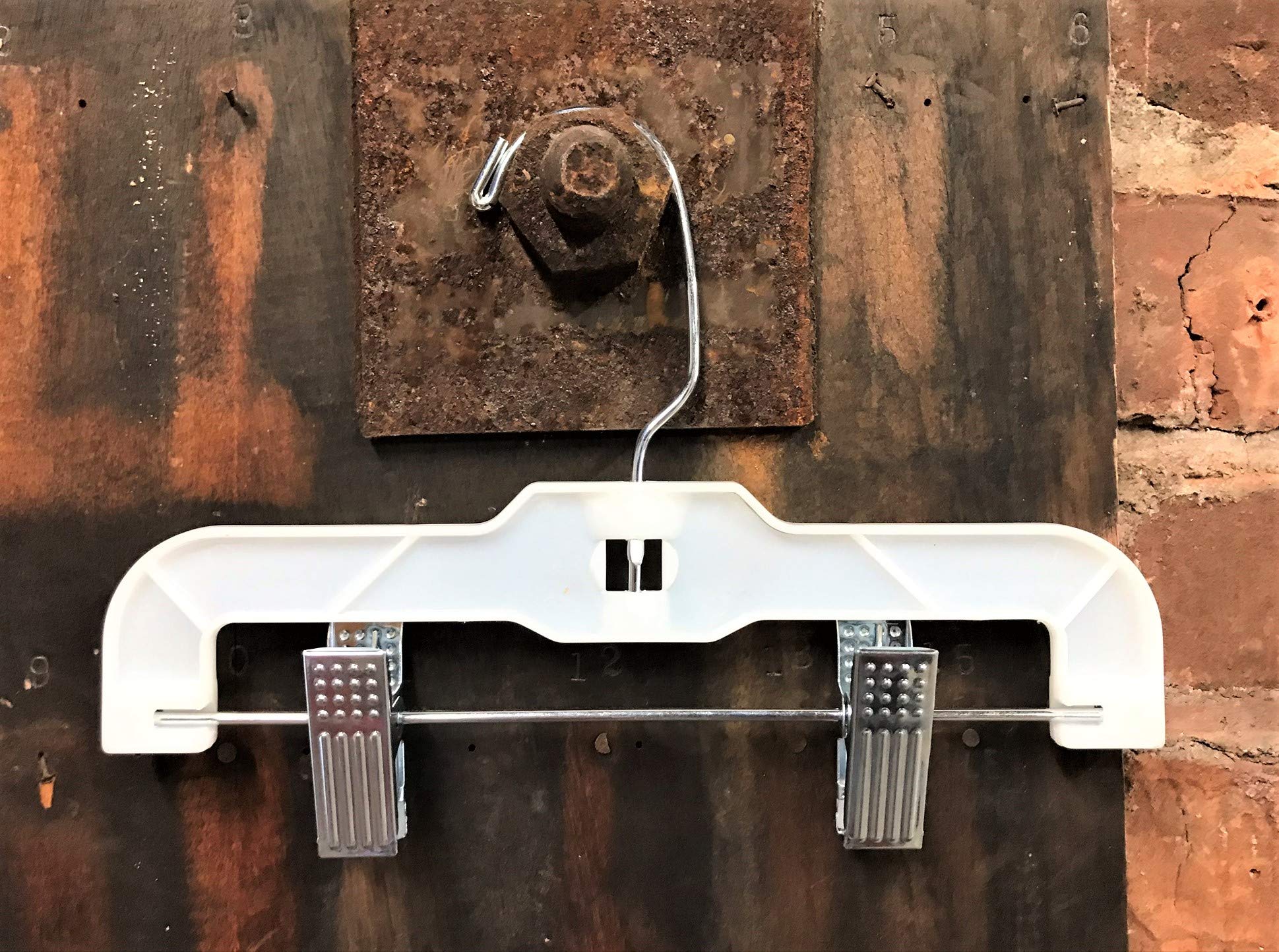 NAHANCO 1610RCLH Plastic Skirt/Slack Hangers, Infant Super Heavy Weight with Long Hook and Metal Clips, Hi-Impact, White (Pack of 100)