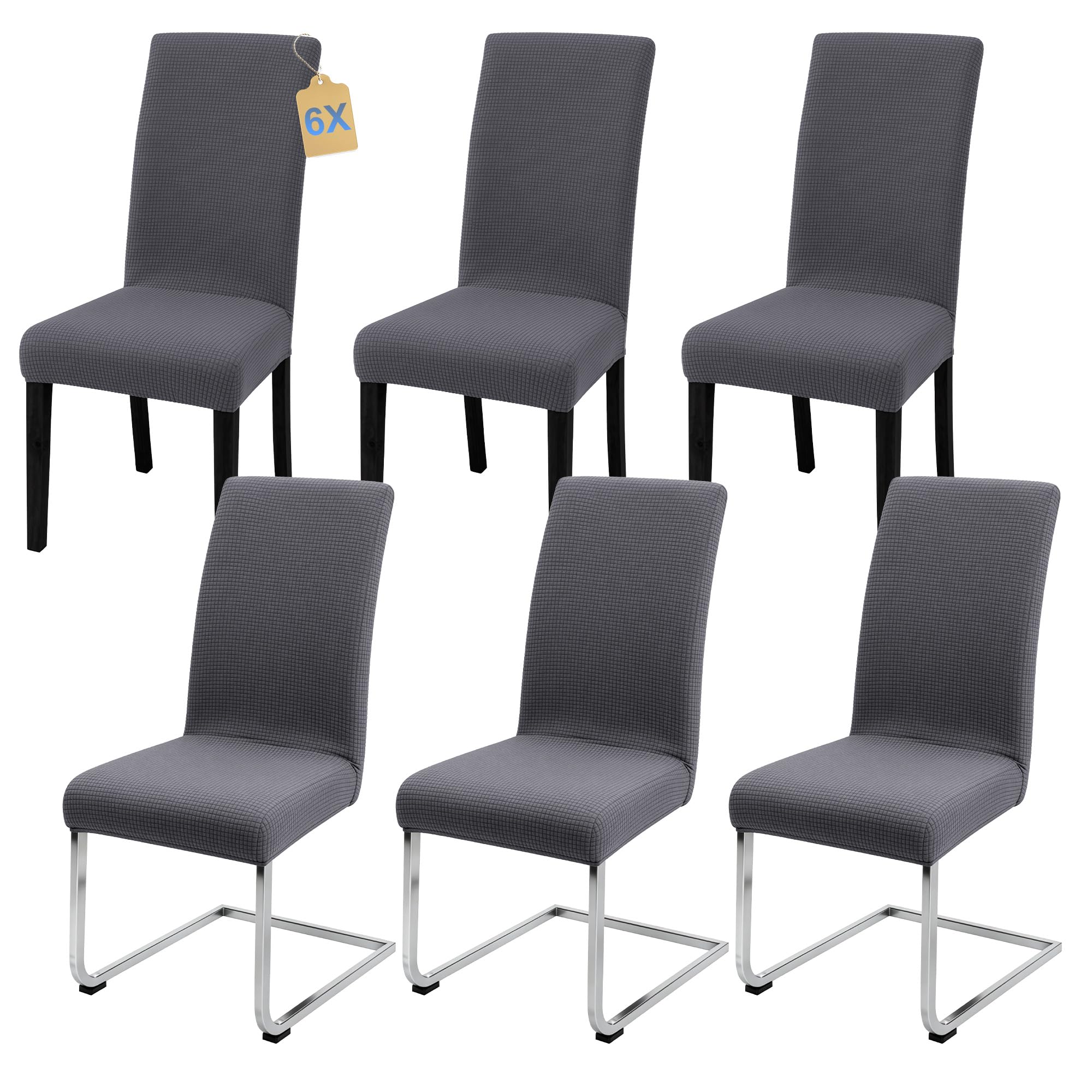 SUKAIKEQA Dehnbarer Stuhlbezug, Hochstuhlbezug, Bürostuhlbezug, (Satz 4/6/8 Stück mit Rückenlehne), geeignet für Wohnzimmer, Küche, Party und Hotel (6, Grau)