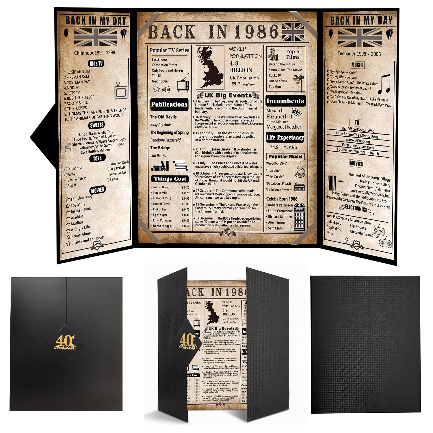 back in 1986 40th Birthday Gifts for Men & Women - 40th birthday Card for Husband,Wife,brother,sister - 40 Year Old Decorations - Black Tri-Fold Greeting Card - Perfect 1986 Poster Gift Ideas