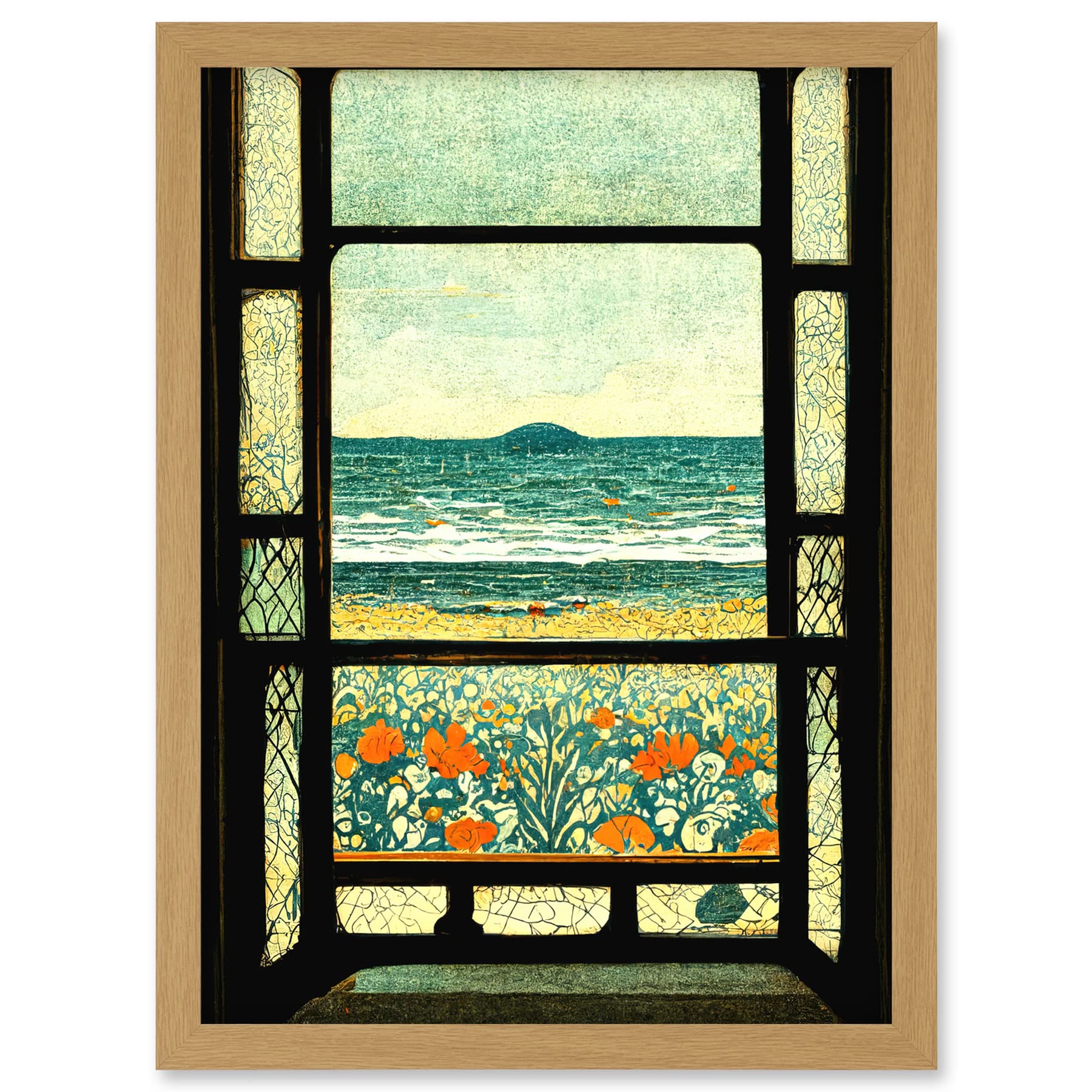 Doppelganger33 LTD A Sea View Seaside Beach Flowers William Morris Artwork Framed A3 Wall Art Print