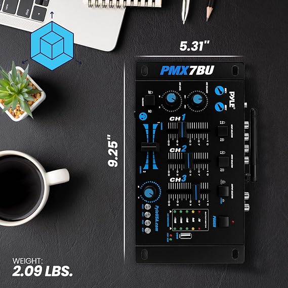 Pyle Wireless DJ Audio Mixer - 3 Channel Bluetooth Compatible DJ Controller Sound Mixer, Mic-Talkover, USB Reader, Dual RCA Phono/Line In, Microphone Input, Headphone Jack, Black - PMX7BU