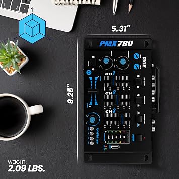 Pyle Wireless DJ Audio Mixer - 3 Channel Bluetooth Compatible DJ Controller Sound Mixer, Mic-Talkover, USB Reader, Dual RCA Phono/Line In, Microphone Input, Headphone Jack, Black - PMX7BU