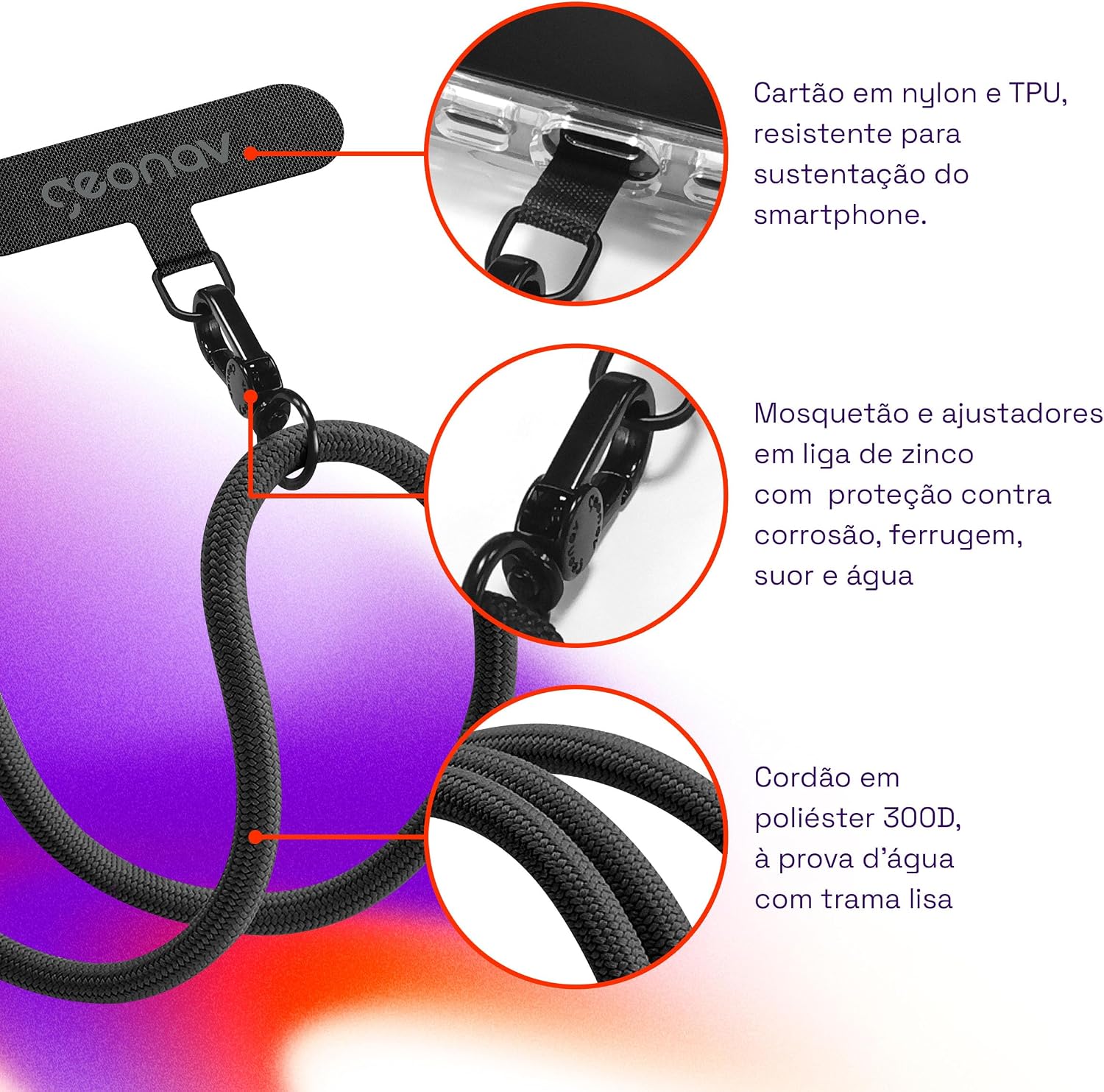 Geonav Cordão de pescoço universal para celular, encaixa em todas os modelos de capinhas, alça ajustável, 1.6 m, lavável, poliéster, evita quedas, CDUL01, preto