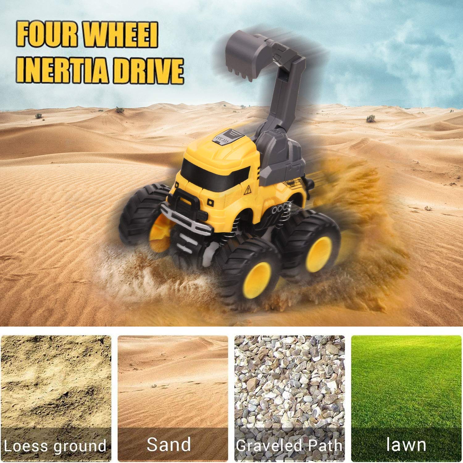 Camión de construcción de juguete Push and Go Car Toys para niños y niñas, juego de autos de juguete accionados por fricción que incluye grúa mezcladora, excavadora, camión volquete, 4