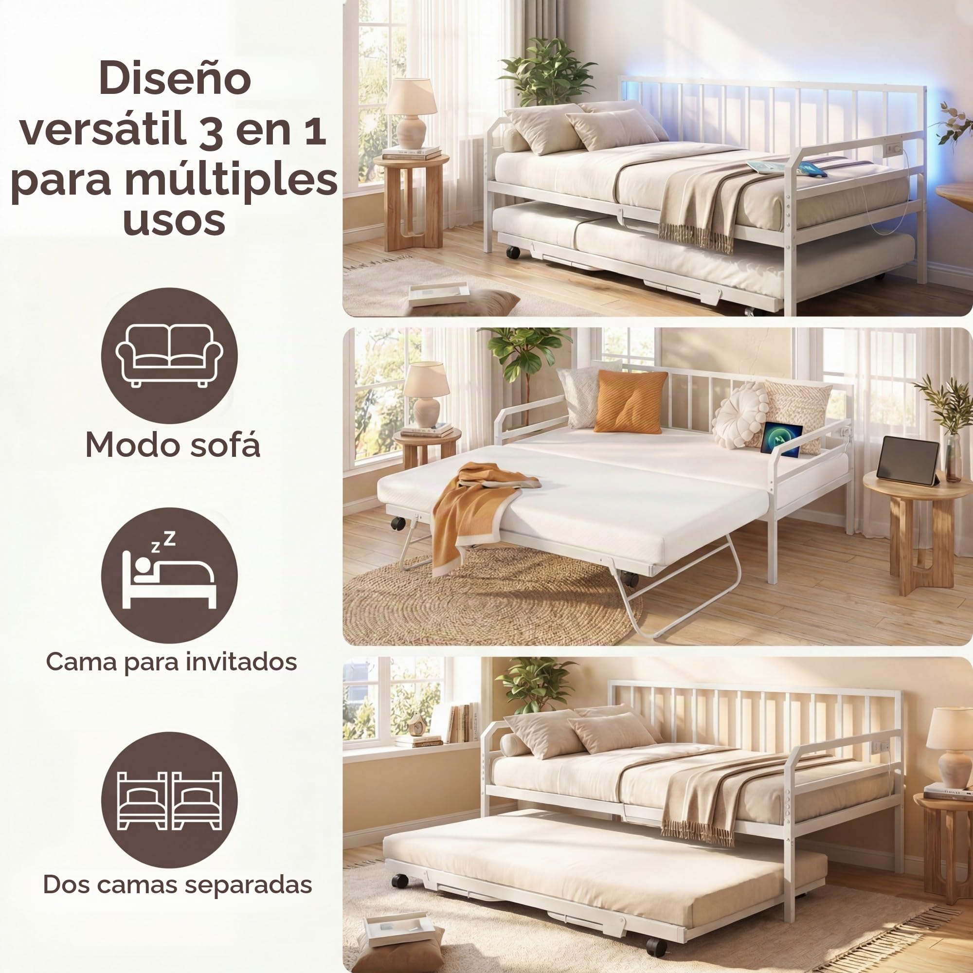 KOMFOTTEU Estructura de Sofá Cama Extensible de 2 Plazas 90 x 200 cm, Cama Nido de Metal con Luces LED, Estación de Carga, Listones Resistentes, para Salón, Dormitorio, Apartamento (Blanco)