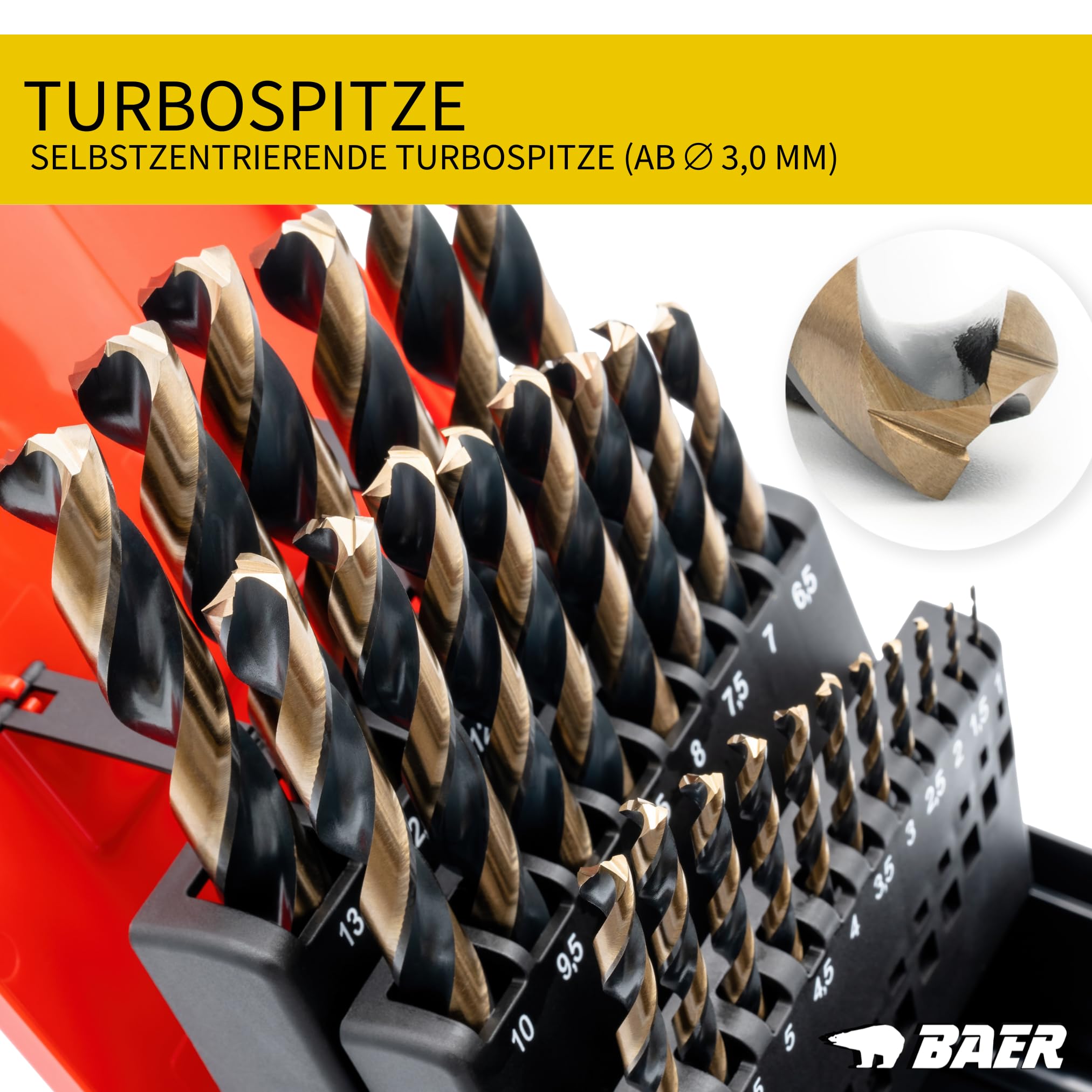 BAER HSSE Spiralbohrer Set 1-13mm (25-tlg, 0,5mm Abstufung) Kobalt Metallbohrer für Edelstahl, INOX, Stahl, Blech, rostfrei | HSS-E Bohrerset DIN 338, Dreikantschaft ab 4mm | Bohrmaschine Akkubohrer