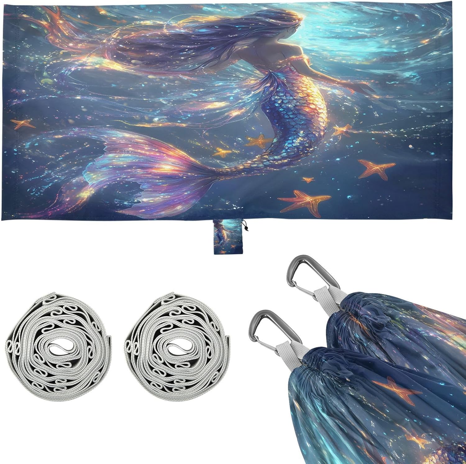 ALAZA Mermaid Starfish Camping Hammocks Single or 2 Person 500 lbs Portable Parachute Travel Hammock w/Tree Straps for Hiking Backpacking Indoor Outdoor