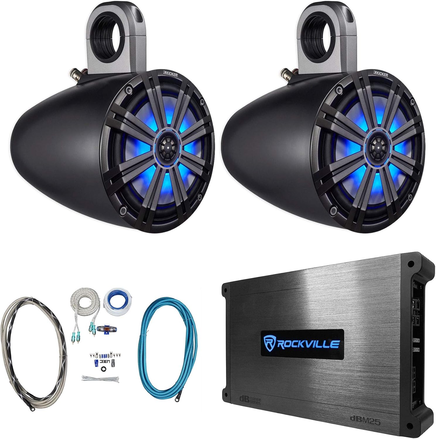 KICKER 2 8" 600w Marine Boat KMTES8 Wakeboard Tower Speakers w/LED's+Amplifier