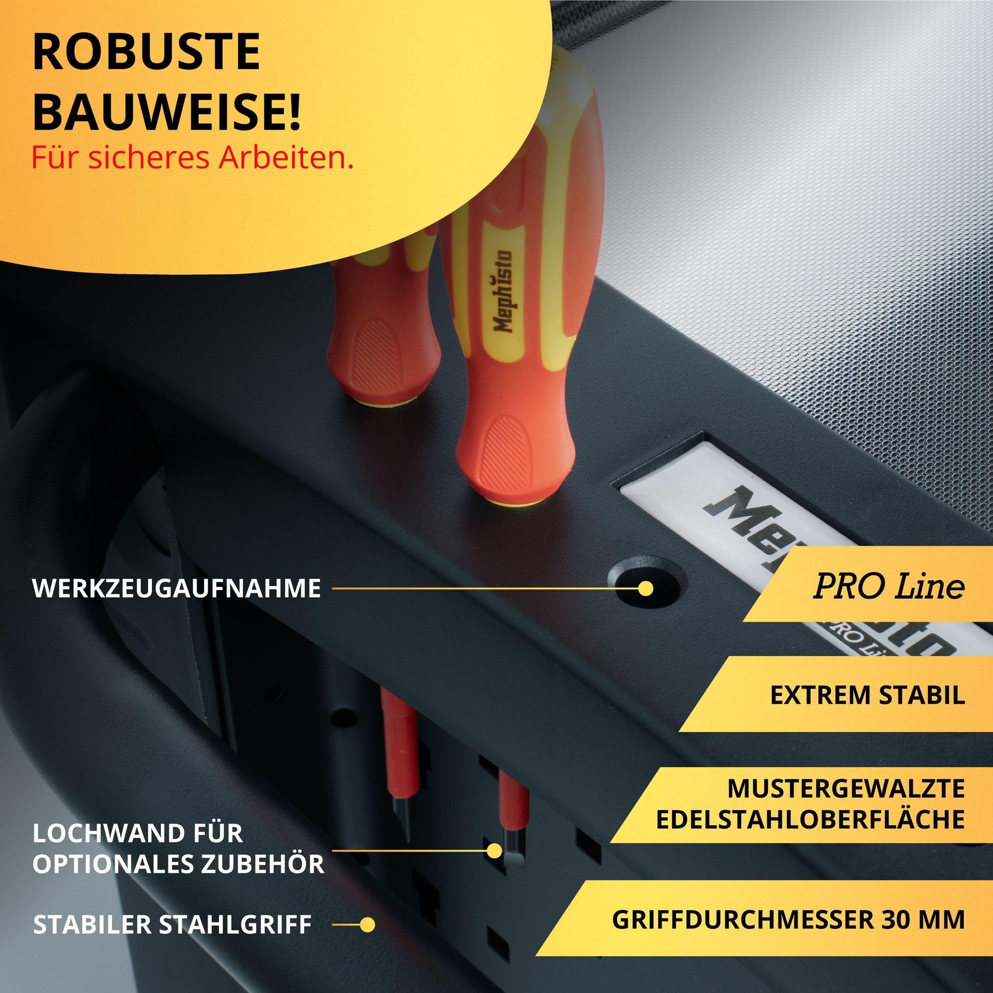 Mephisto Pro-Line Werkzeugwagen Werkstattwagen Double Full Black gefüllt mit 13 Schubfächern inkl. Werkzeug wie VDE Zangen, Steckschlüssel, Ratschen in Soft Inlays in Carbon Lock