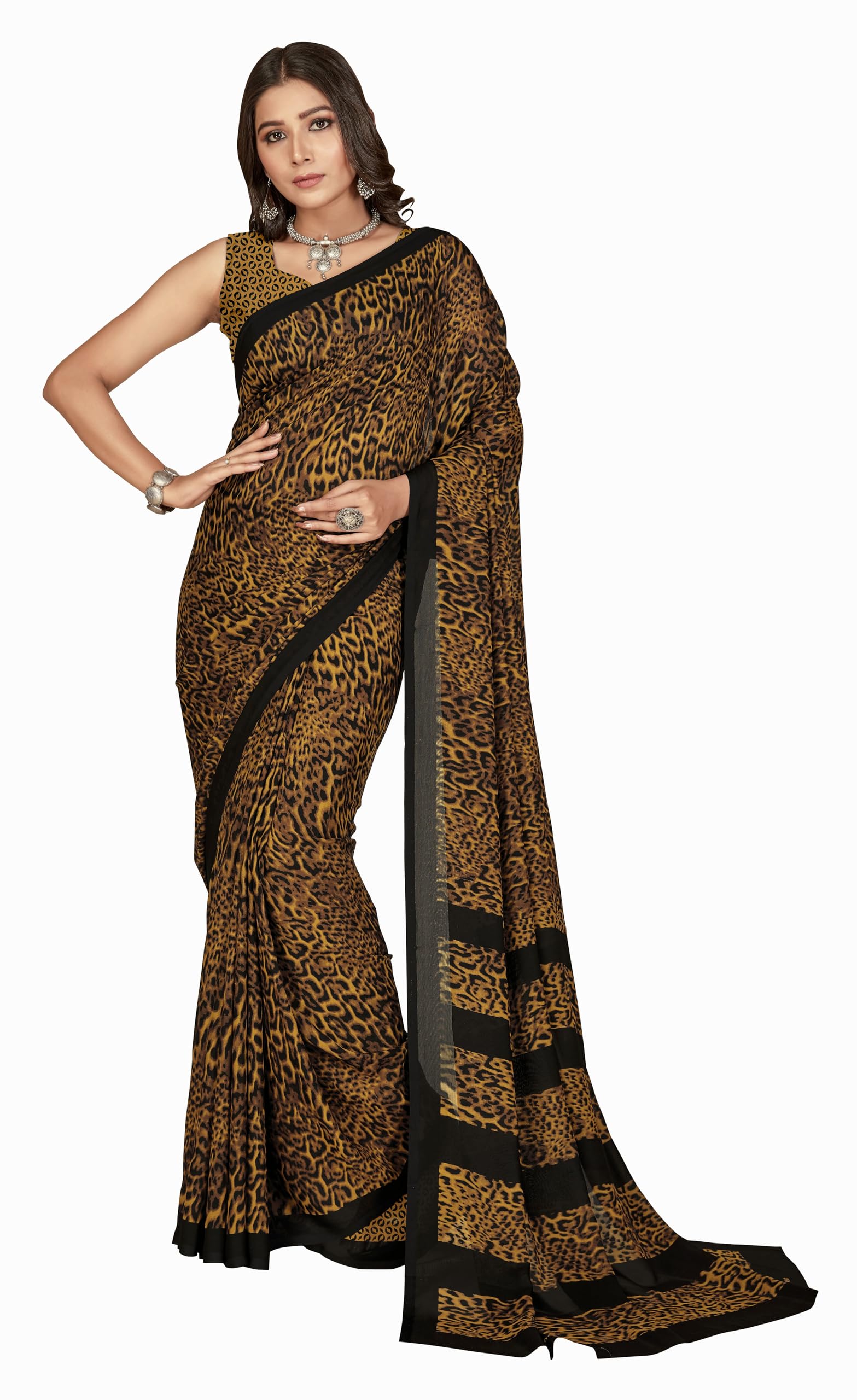 Animal Print Georgette Saree (Brown)-image-44
