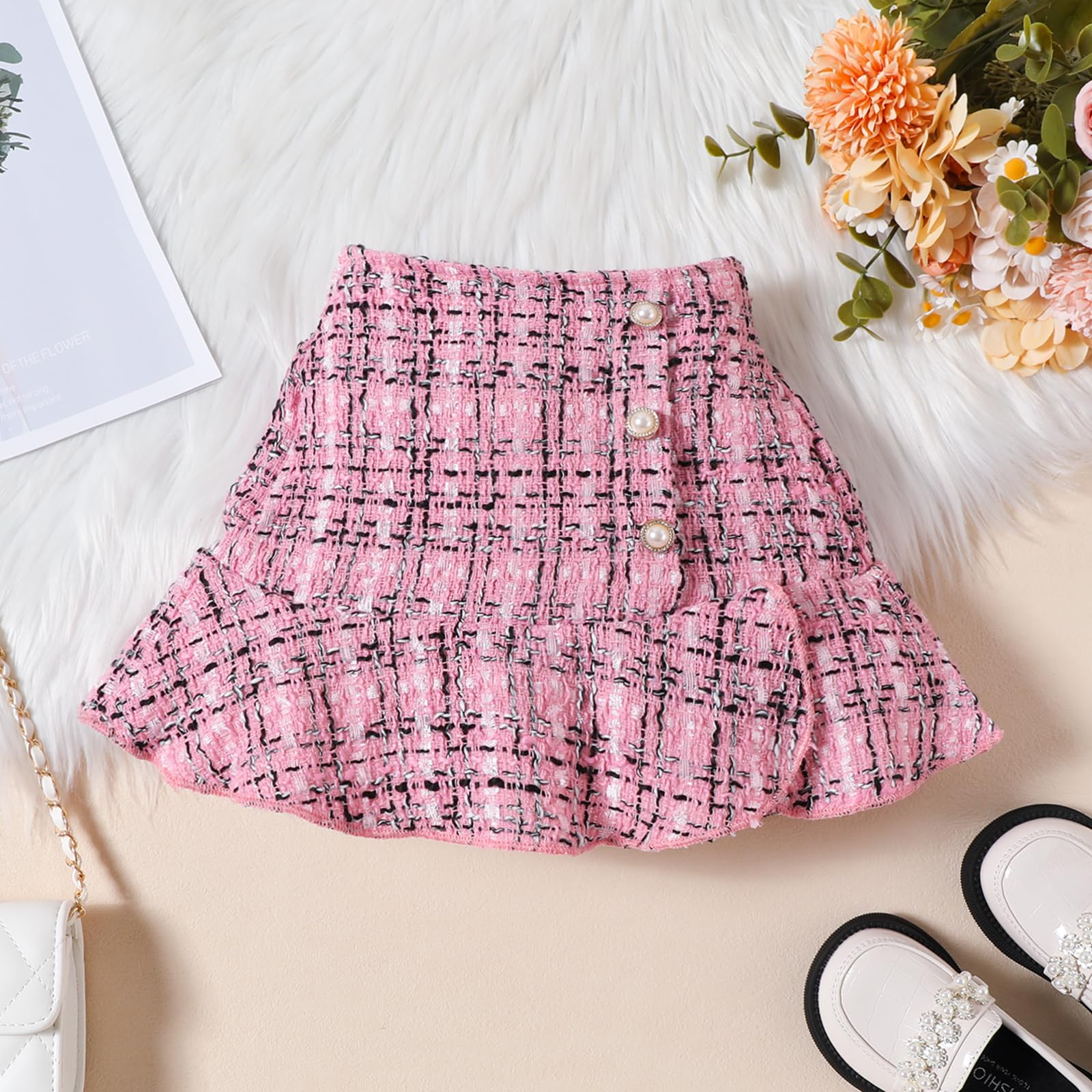 Vestiti per Bambine Maniche Lunghe Top a Coste Motivo Scozzese in Tweed Gonna Basco Bottoni Set Di Abiti