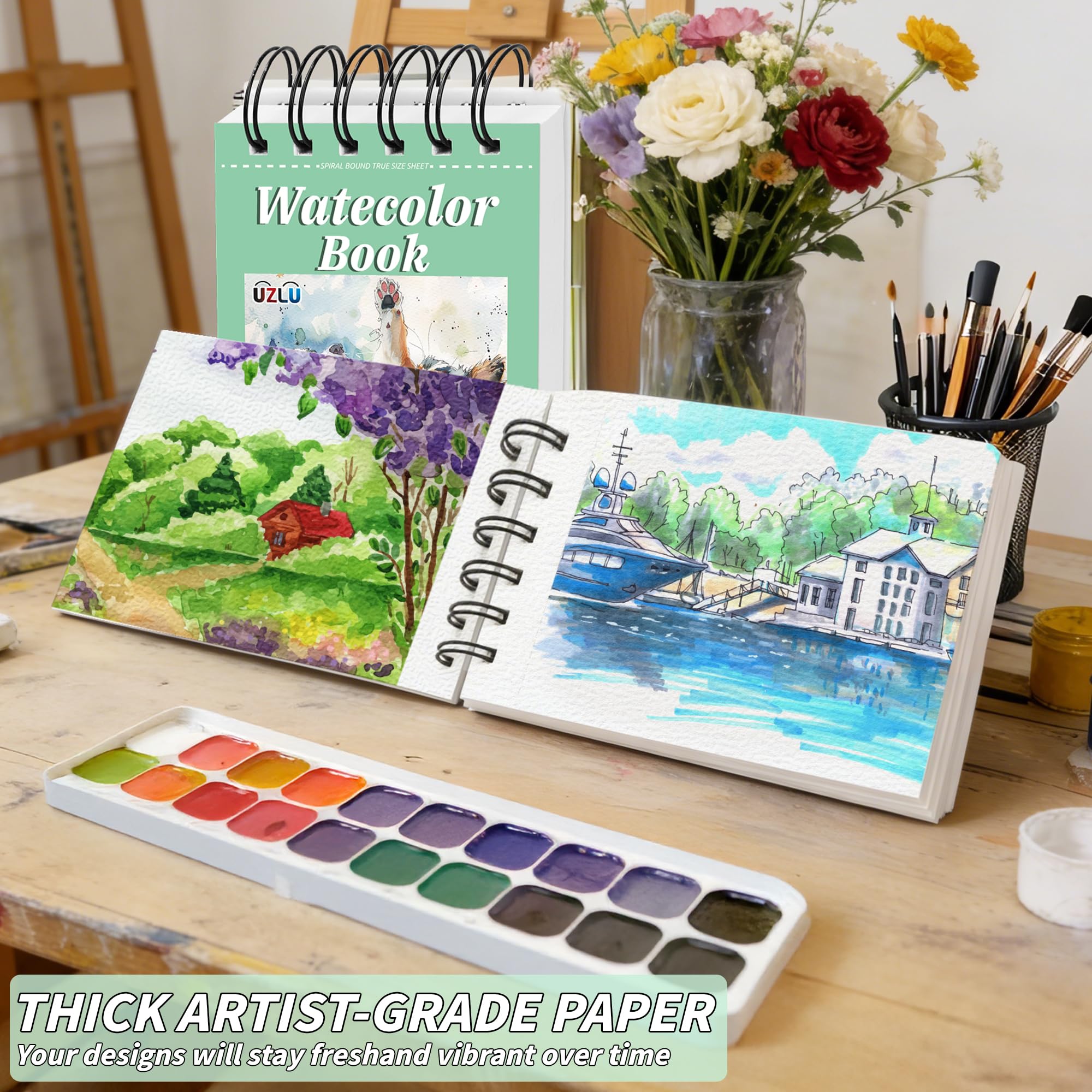Lot de 6 blocs de papier aquarelle de 8,9 x 14,9 cm, 63,5 kg/300 g/m², presse à froid, sans acide, 180 feuilles de papier aquarelle à spirale pour supports humides et secs, idéal pour adultes