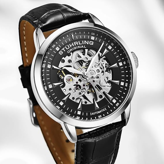 Stuhrling オリジナル メンズ スケルトン 自動巻きドレスウォッチ アリゲーターエンボスレザーストラップ スケルトンダイヤル, ブラック, 44mm