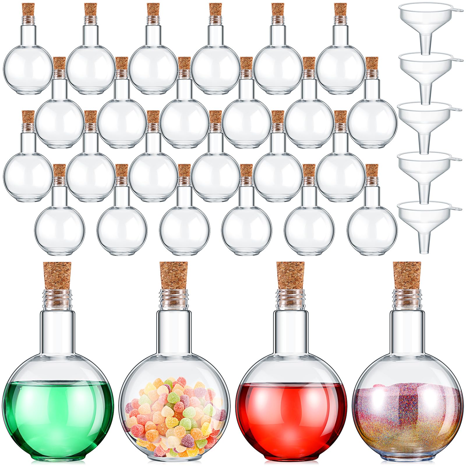 Baderke 20 Set Spherical Plastic Potion Bottles with Cork 8 oz Ball Shaped Round Sand Art Bottles with 5 Funnels Decorative Candy Jar for Halloween Sand Costume Props DIY Crafts